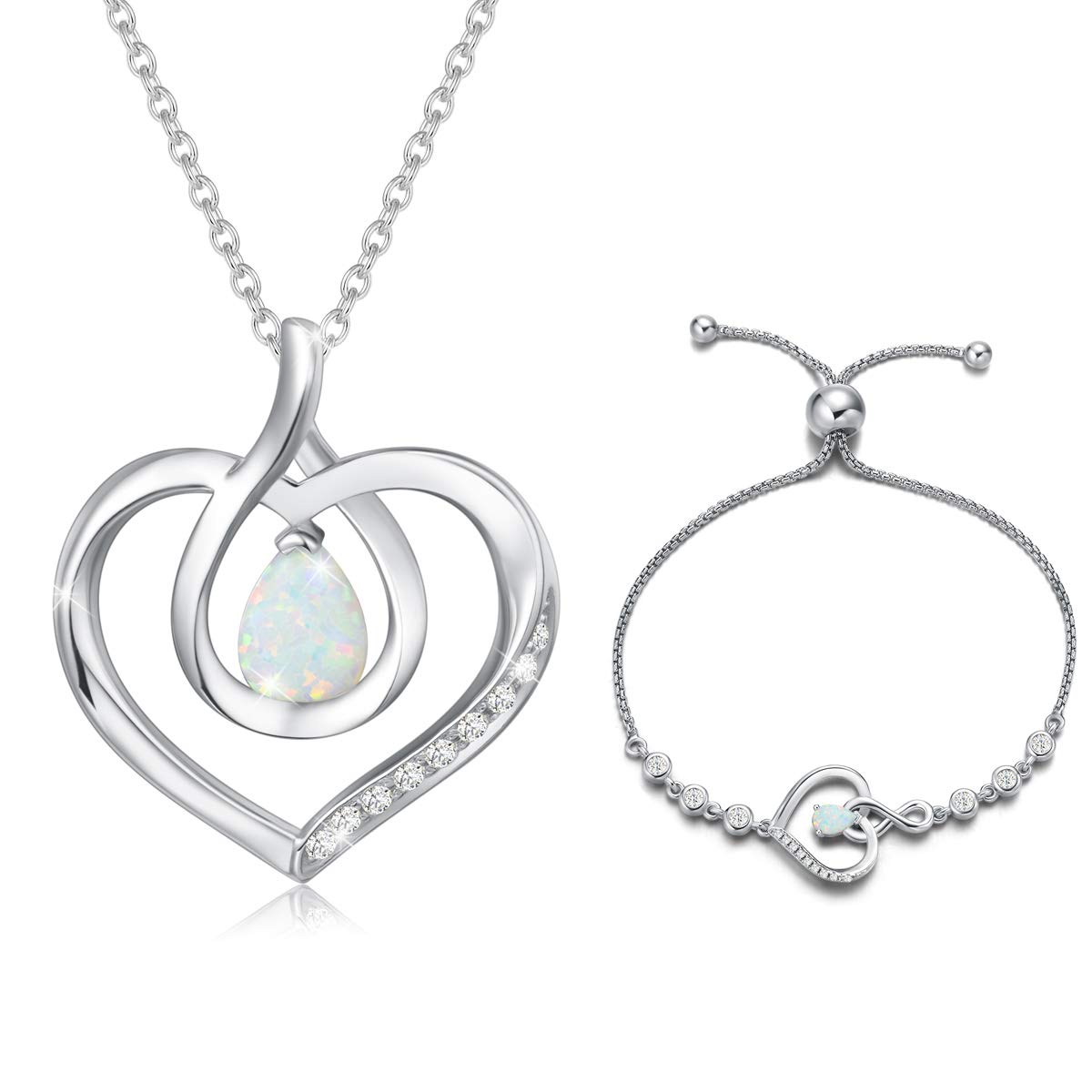 AGVANA October Birthstone Opal Heart Necklace & Bracelet Set for Women - Sterling Silver Infinity Love Pendant Fine Jewelry | Mothers Day Gifts for Mom, Anniversary & Birthday Gifts for Her | Perfect for Weddings, Date Nights & Special Occasions
