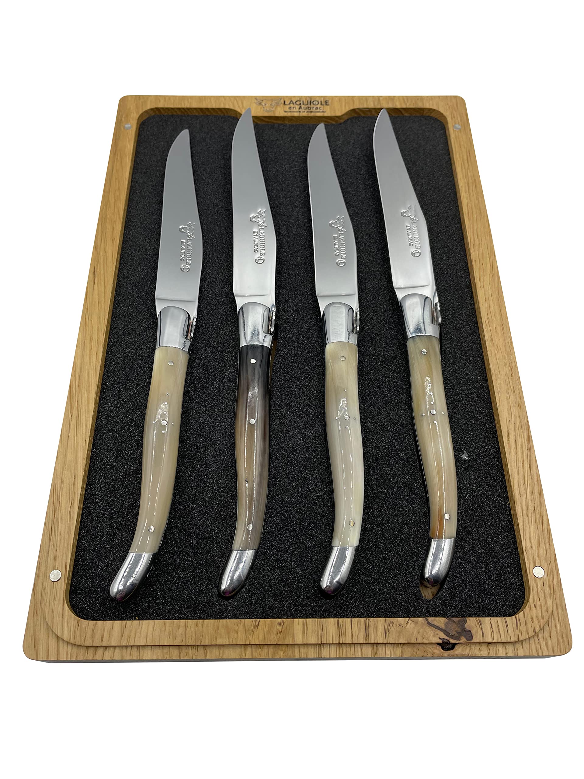 Premium Laguiole en Aubrac Forged Full Tang Steak Knives Set - 4-Piece Luxury Stainless Steel Cutlery with Solid Horn Handle & Polished Bolsters - Perfect for Fine Dining, Steakhouse Experience & Gourmet Gifts