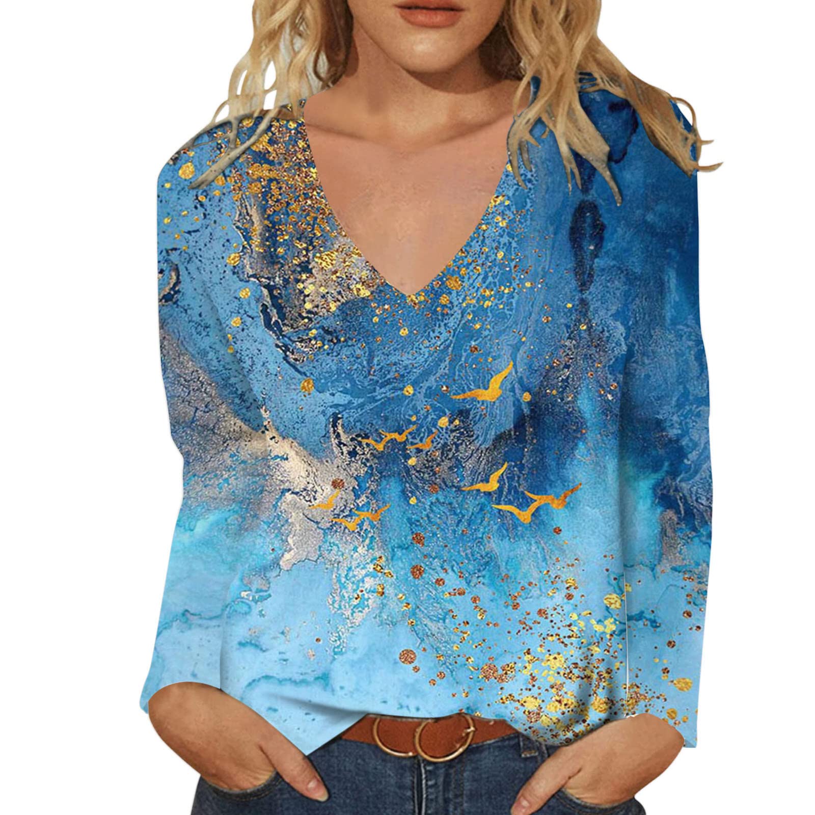 Women's Long Sleeve V-Neck Graphic T-Shirt | Tie Dye Print Casual Tunic Top Blouse | Perfect for Everyday Wear, Layering & Boho Outfits