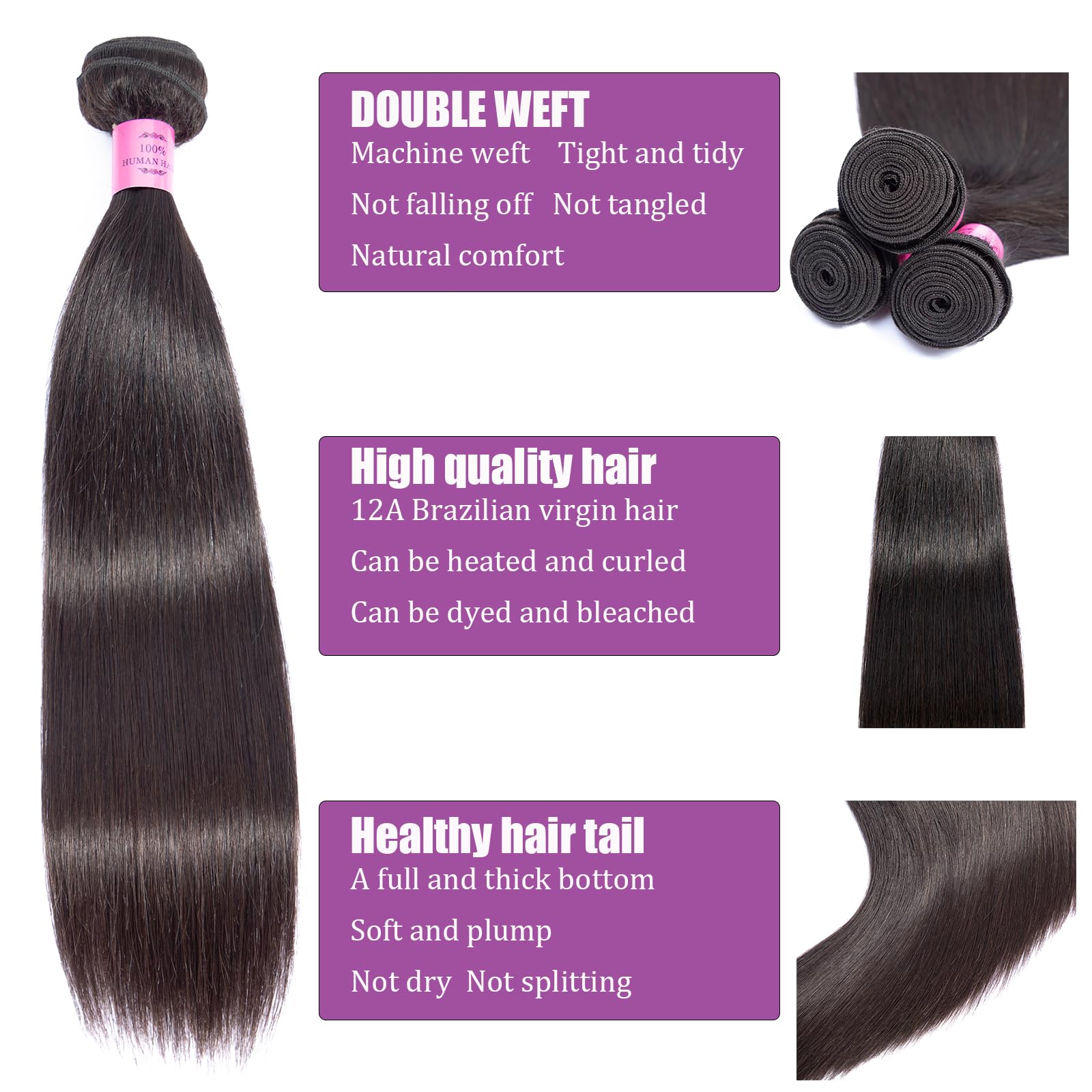 12A Grade 100% Virgin Brazilian Straight Human Hair Bundles - 3 Bundles (22, 24, 26 Inch) - Raw Unprocessed Natural Black Hair Extensions for Quick Weave, Sew-in, and Clip-in Hairstyles - Perfect for Daily Wear, Special Occasions, and Salon Styling
