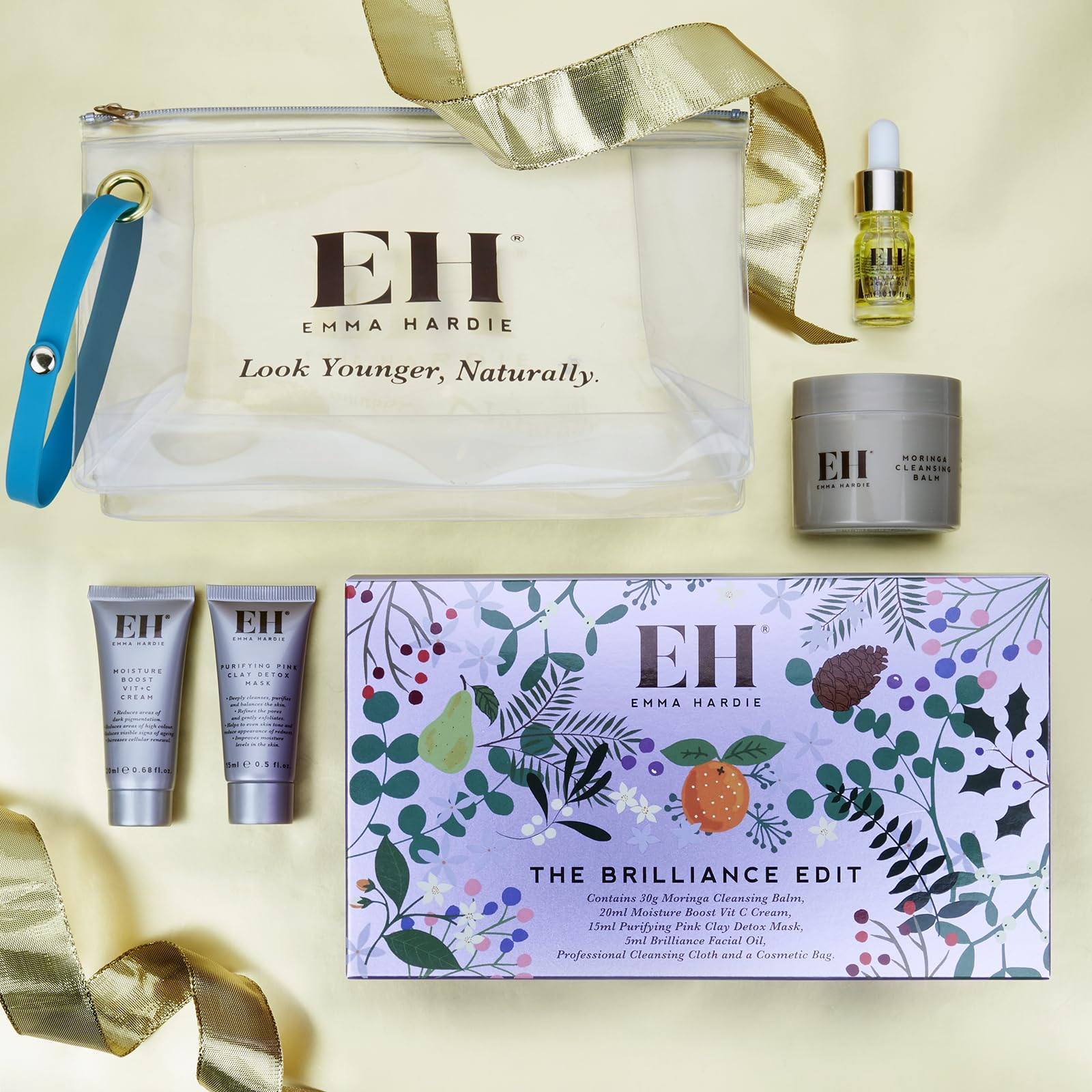 Emma Hardie Brilliance Holiday Gift Set - Moringa Cleansing Balm, Vitamin C Cream, Pink Clay Mask & Facial Oil with Reusable Cloths & Cosmetic Bag | Travel Size Skincare Set for Gifting, Spa Days & On-the-Go Beauty Routine