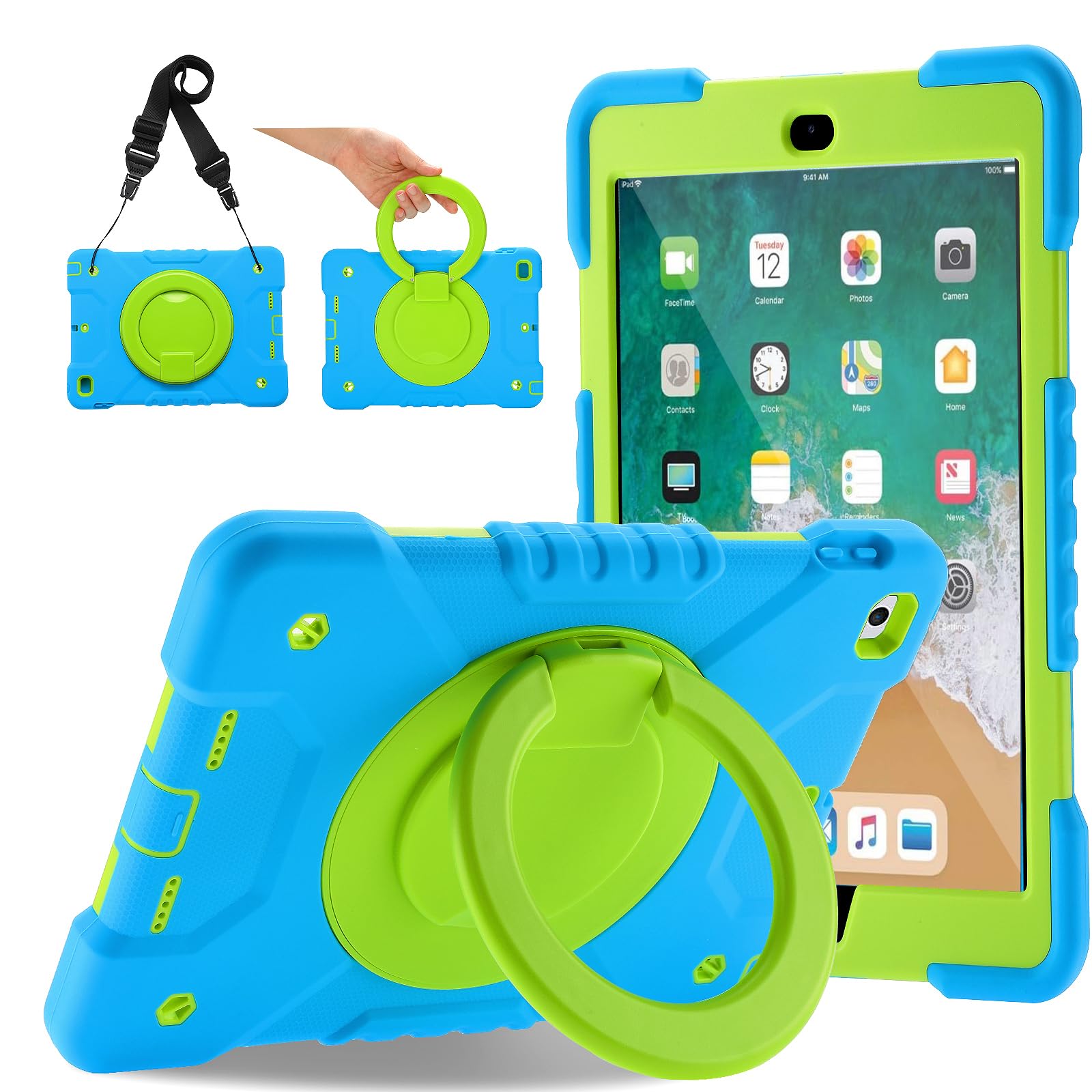 Premium Heavy Duty Protective Case for iPad 6th/5th Generation 9.7 inch (2018/2017) & iPad Air 2/Pro 9.7 inch - Shockproof Cover with Built-in Pencil Holder, Adjustable Shoulder Strap & 360° Rotating Handle Stand (Blue & Green) - Perfect for Travel, Work & School Use