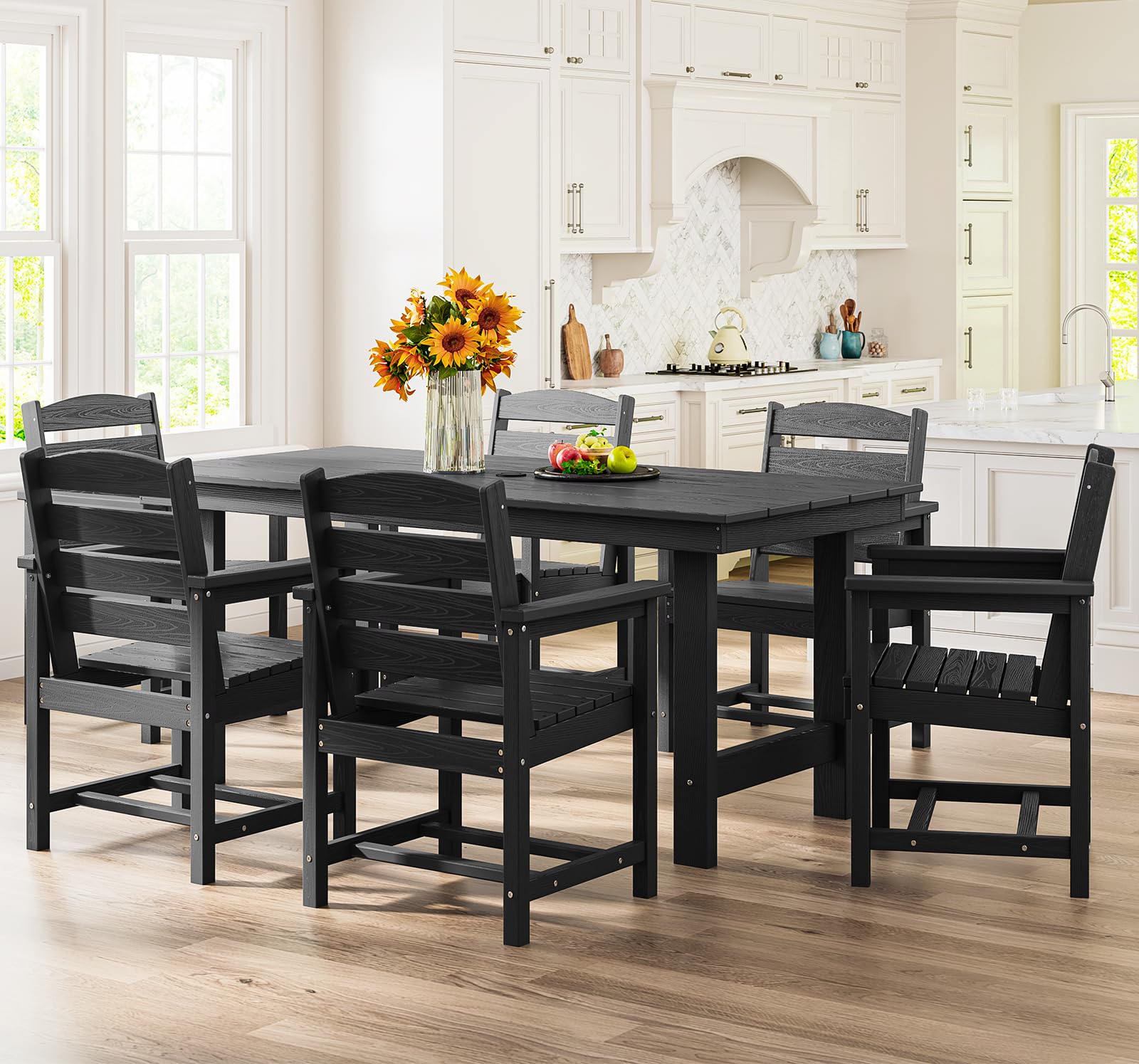 SERWALL 7-Piece Outdoor Patio Dining Set - HDPE Weather-Resistant Table with Umbrella Hole & 6 Chairs - Black - Perfect for Backyard, Garden, Poolside & BBQ Gatherings