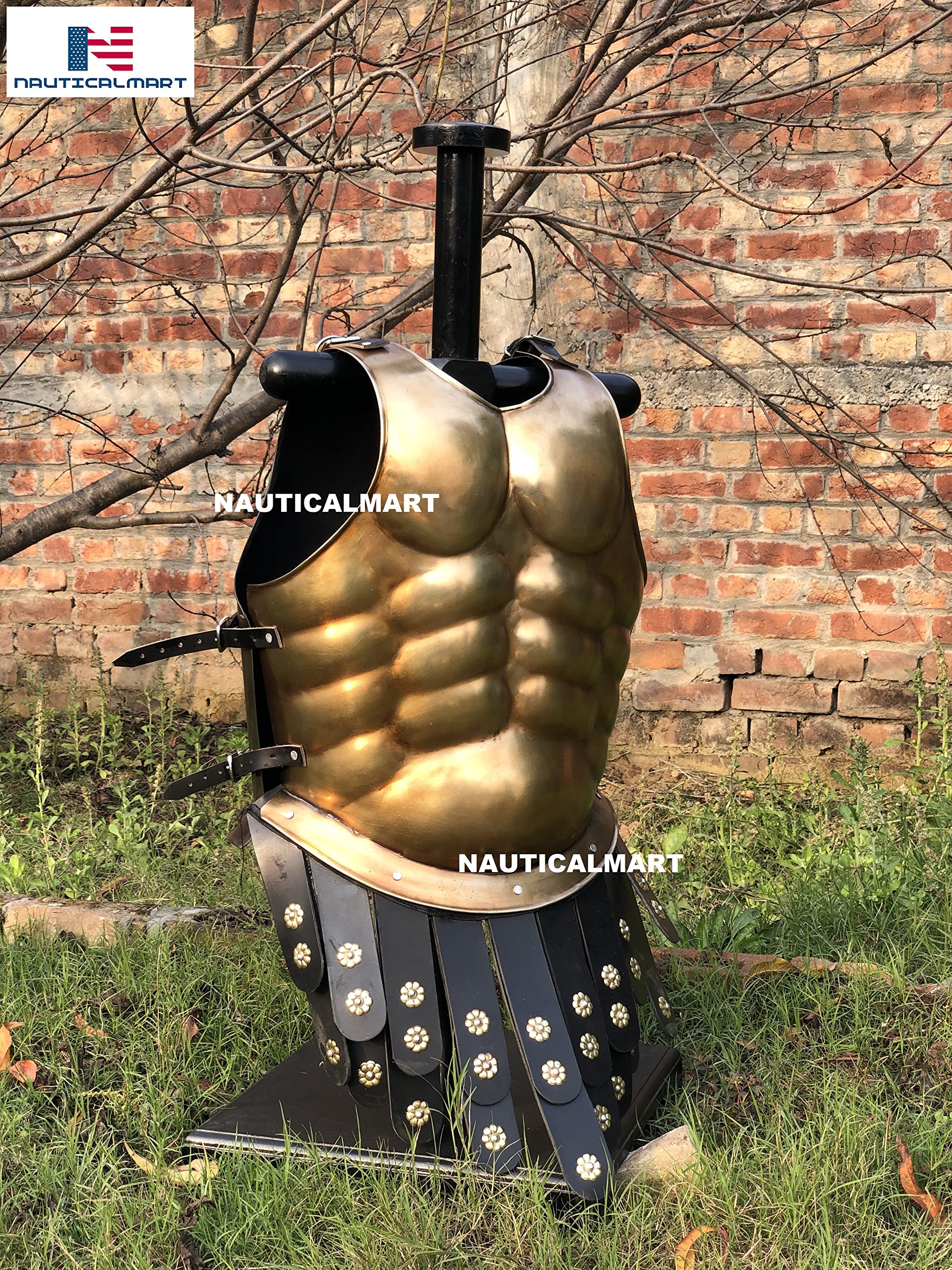 Greek Spartan Muscle Armor Breastplate with Helmet & Leg/Arm Guard - Brass Antique Finish for Cosplay, Halloween Costume & Historical Reenactment
