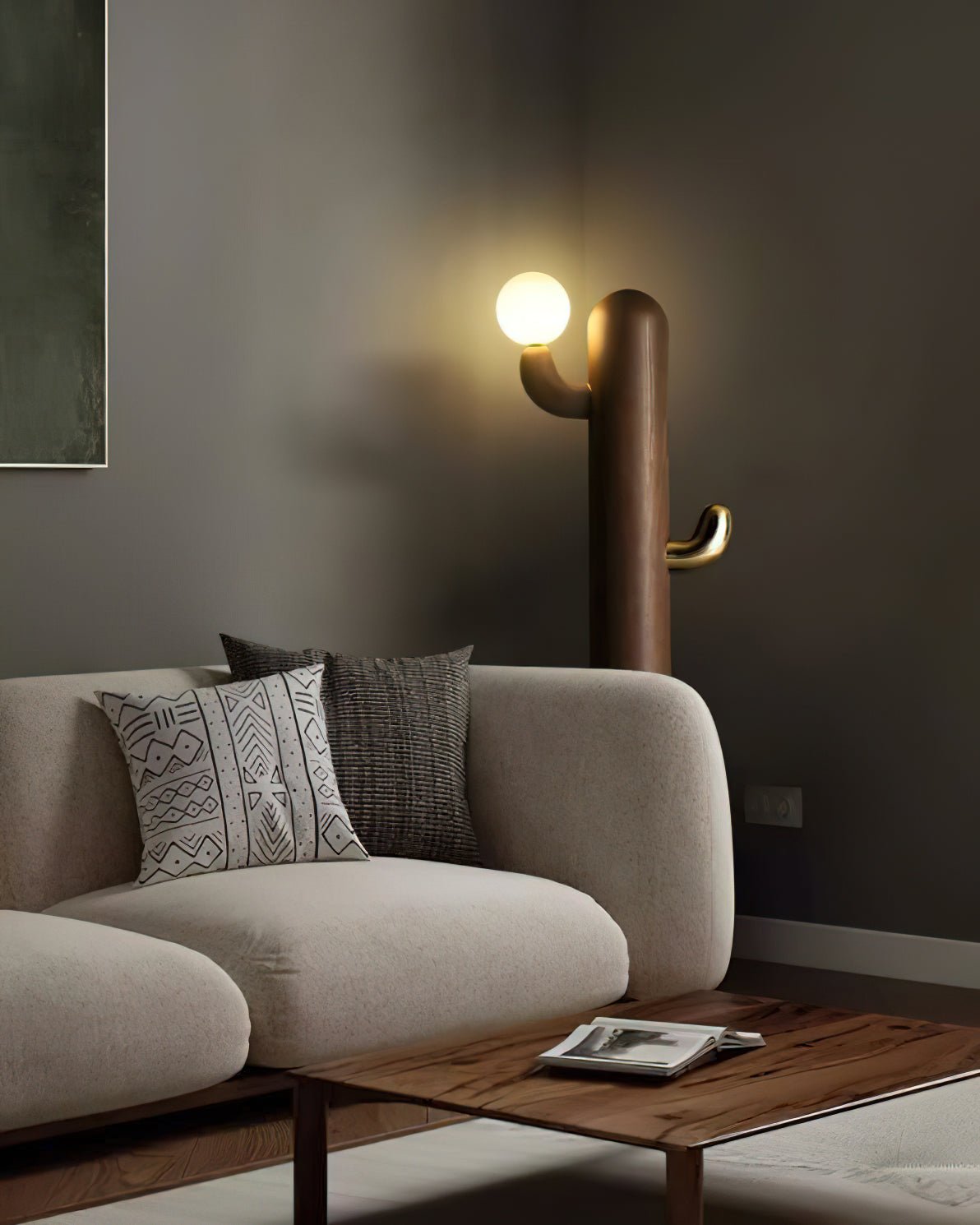Modern Cactus Wood Floor Lamp - Handcrafted Natural Wood Standing Light for Living Room, Bedroom & Office - Warm Ambient Lighting for Home Decor