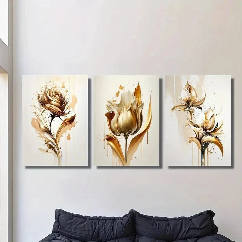 3-Piece Golden Rose Abstract Wall Art Set - Framed Canvas Prints 50x70cm | High Quality Australian Made | Ready to Hang | Perfect for Living Room, Bedroom & Office Decor
