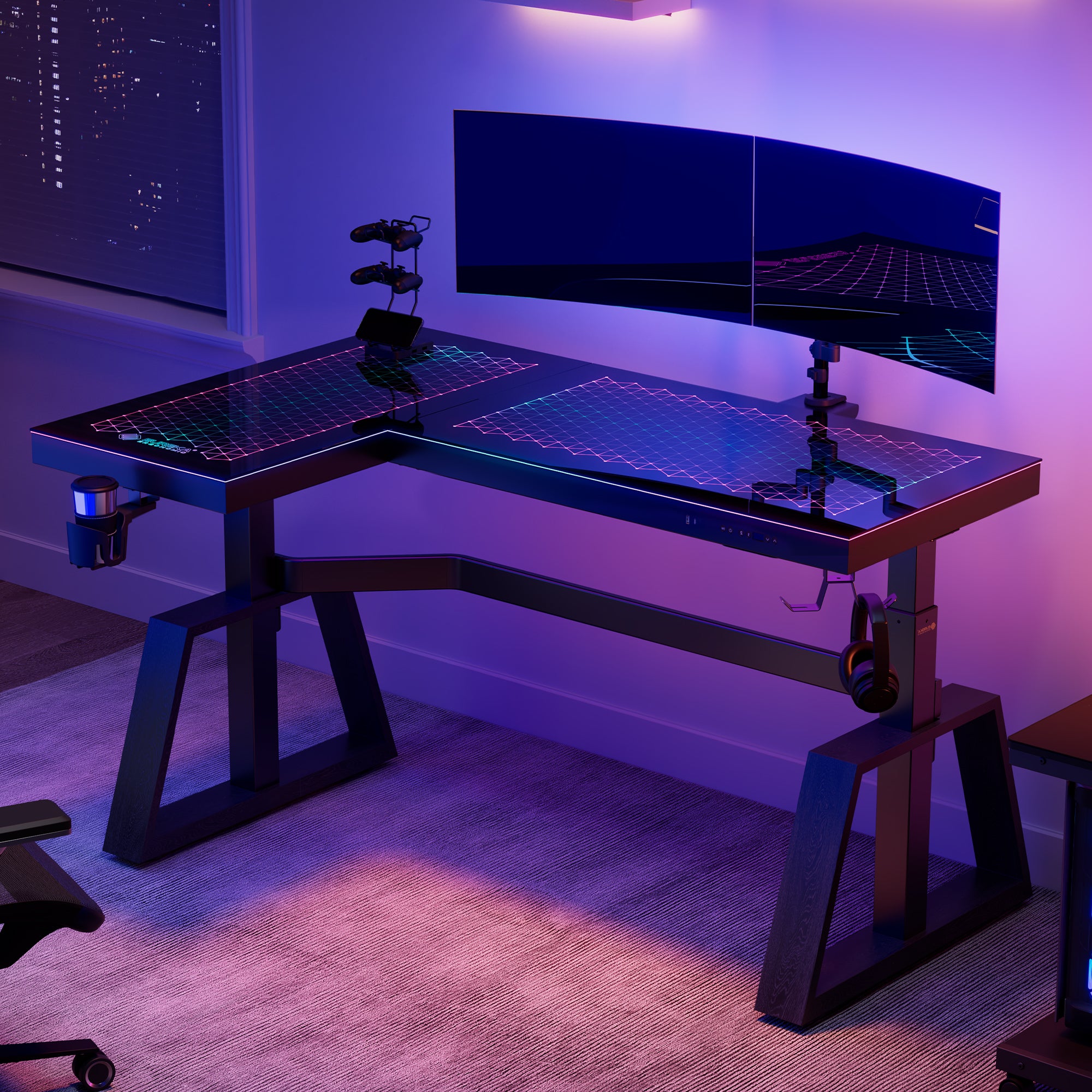 GTG L60 Pro L-Shaped Glass Gaming Standing Desk - 60x23 Inches, Ergonomic Height Adjustable Workstation for Home Office, Streaming & PC Gaming Setup