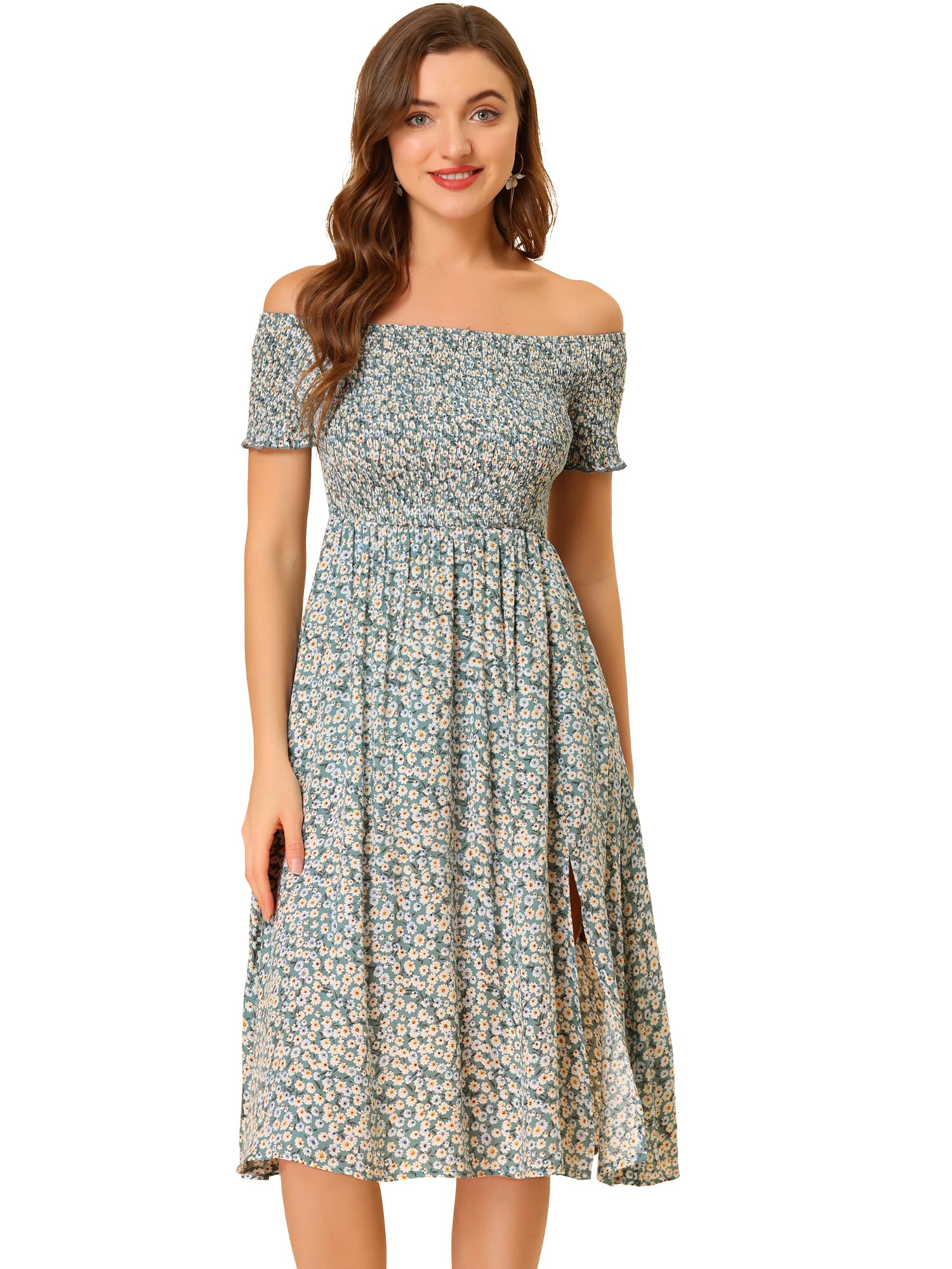 Allegra K Women's Off Shoulder Smocked Floral Midi Dress - Summer Short Sleeve Split Dress for Beach, Vacation & Date Night