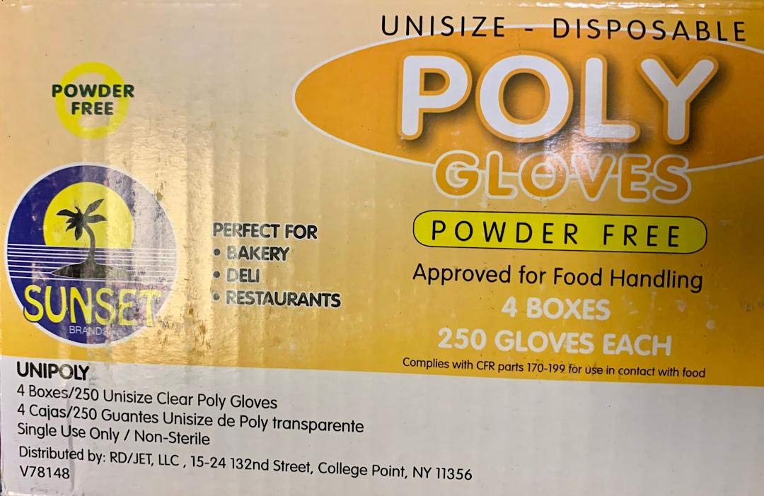 Powder Free Disposable Poly Gloves - Latex Free, Unisize, 1000 Count (4 Boxes of 250) - Ideal for Food Handling, Cleaning, Medical Use & Salon Services