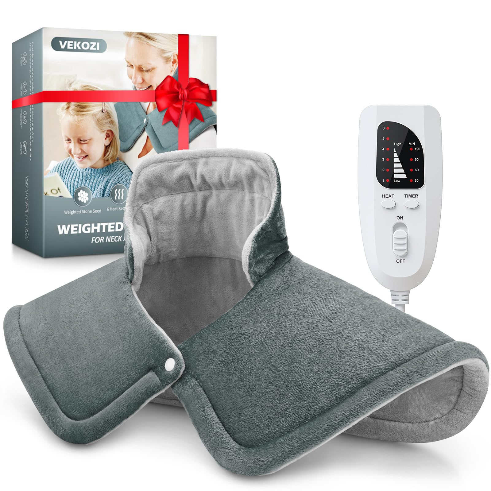 Weighted Heating Pad for Neck, Shoulders & Back Pain Relief - 6 Heat Settings & Auto Shut-Off - 17x23 Inch Gray - Perfect Gift for Women, Mom, Grandma - Ideal for Home, Office & Travel Use
