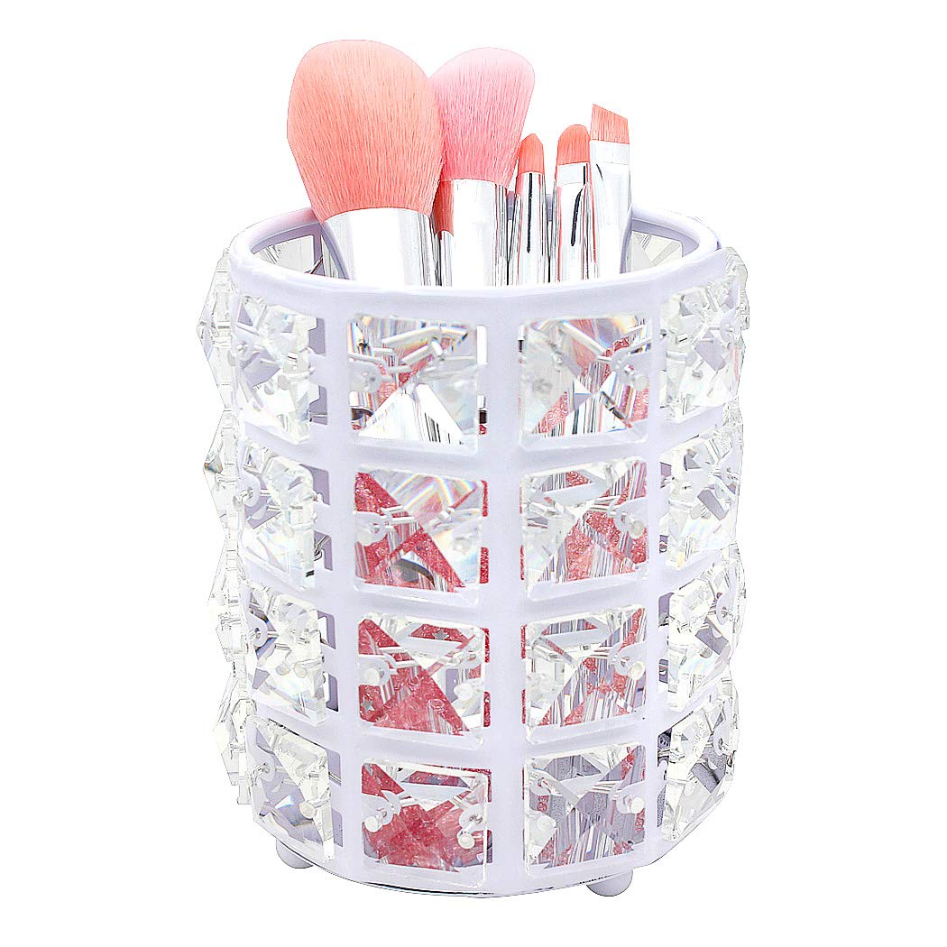 Handmade Crystal Makeup Brush Holder & Eyebrow Pencil Organizer - Stylish Cosmetic Storage for Vanity, Bathroom, Office Desk (Round, White) | Perfect for Makeup Artists & Beauty Enthusiasts