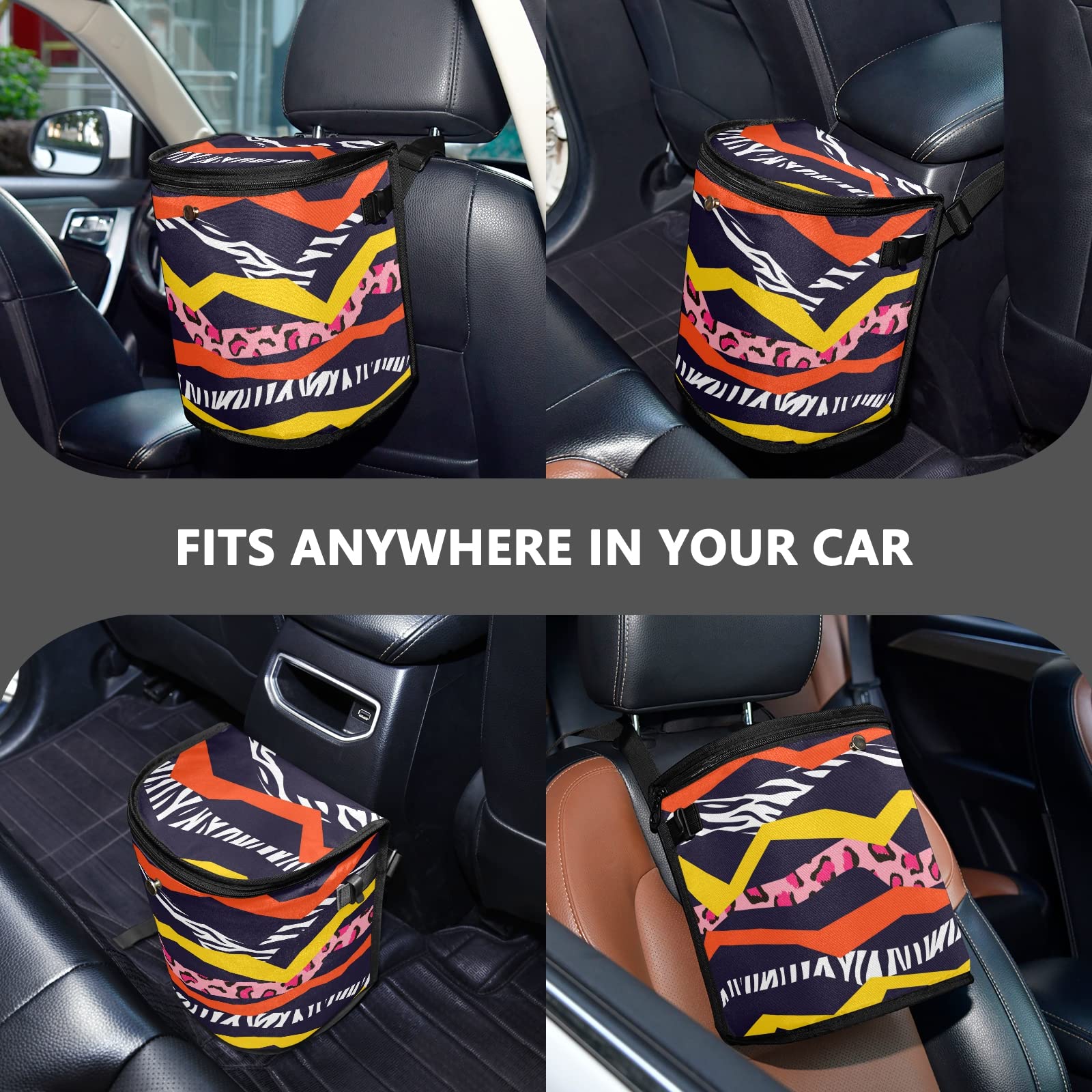 Leak Proof Car Trash Can with Aluminum Film - Waterproof Auto Garbage Bin & Multipurpose Vehicle Organizer - Hanging Car Trash Bag for Sedan, SUV, Truck (Zebra & Leopard Print) - Perfect for Road Trips, Commuting & Family Travel