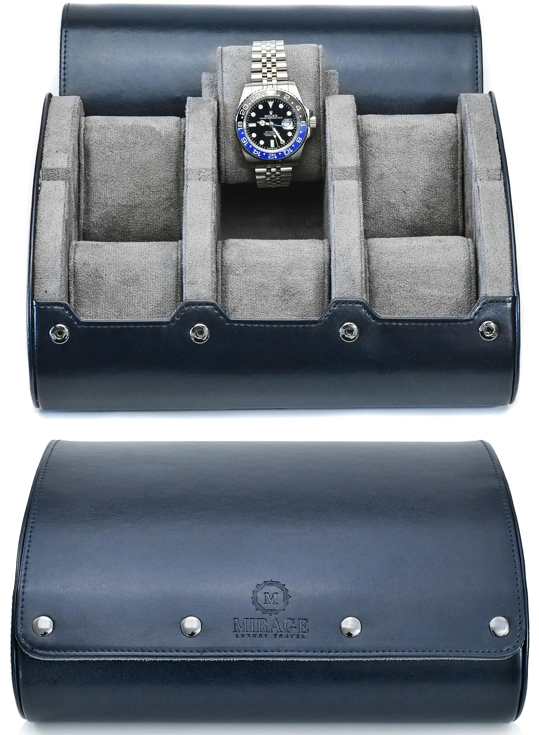 6-Slot Leather Watch Roll Case for Travel - Midnight Blue Watch Organizer | Perfect for Business Trips, Vacations & Watch Collectors