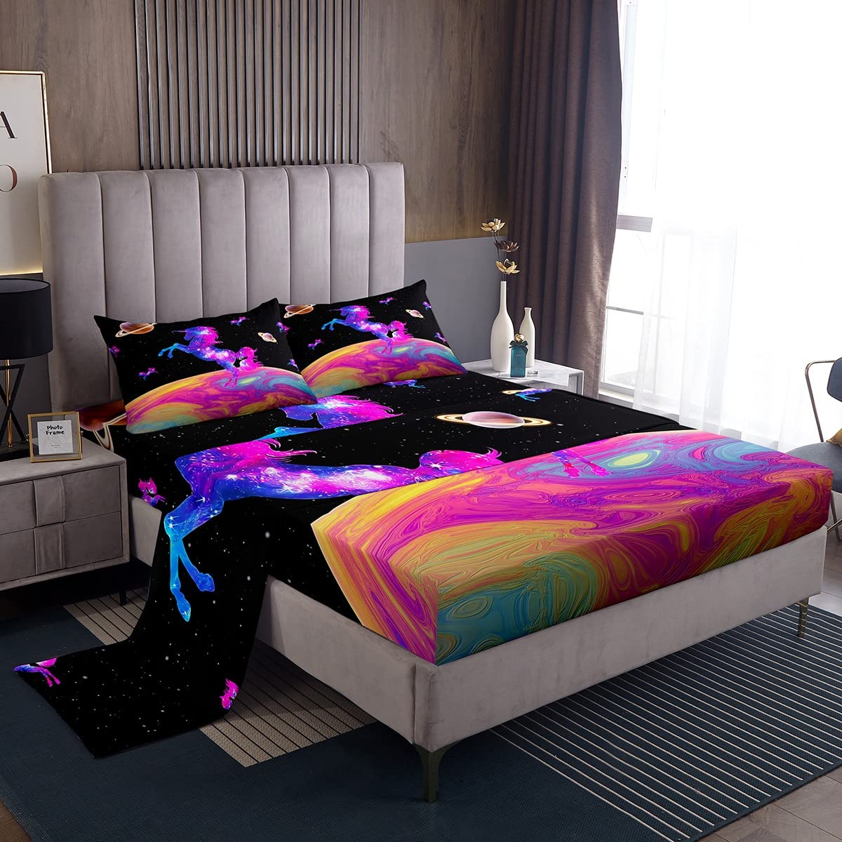 Galaxy Unicorn Twin Size Bed Sheet Set - Pink Tie Dye Planet Print Bedding with 1 Flat Sheet, 1 Fitted Sheet & 1 Pillow Sham - Shiny Starry Space Themed Kids Bedroom Decor for Boys & Girls - Perfect for Sleepovers, Themed Rooms & Cosmic Fantasy Lovers