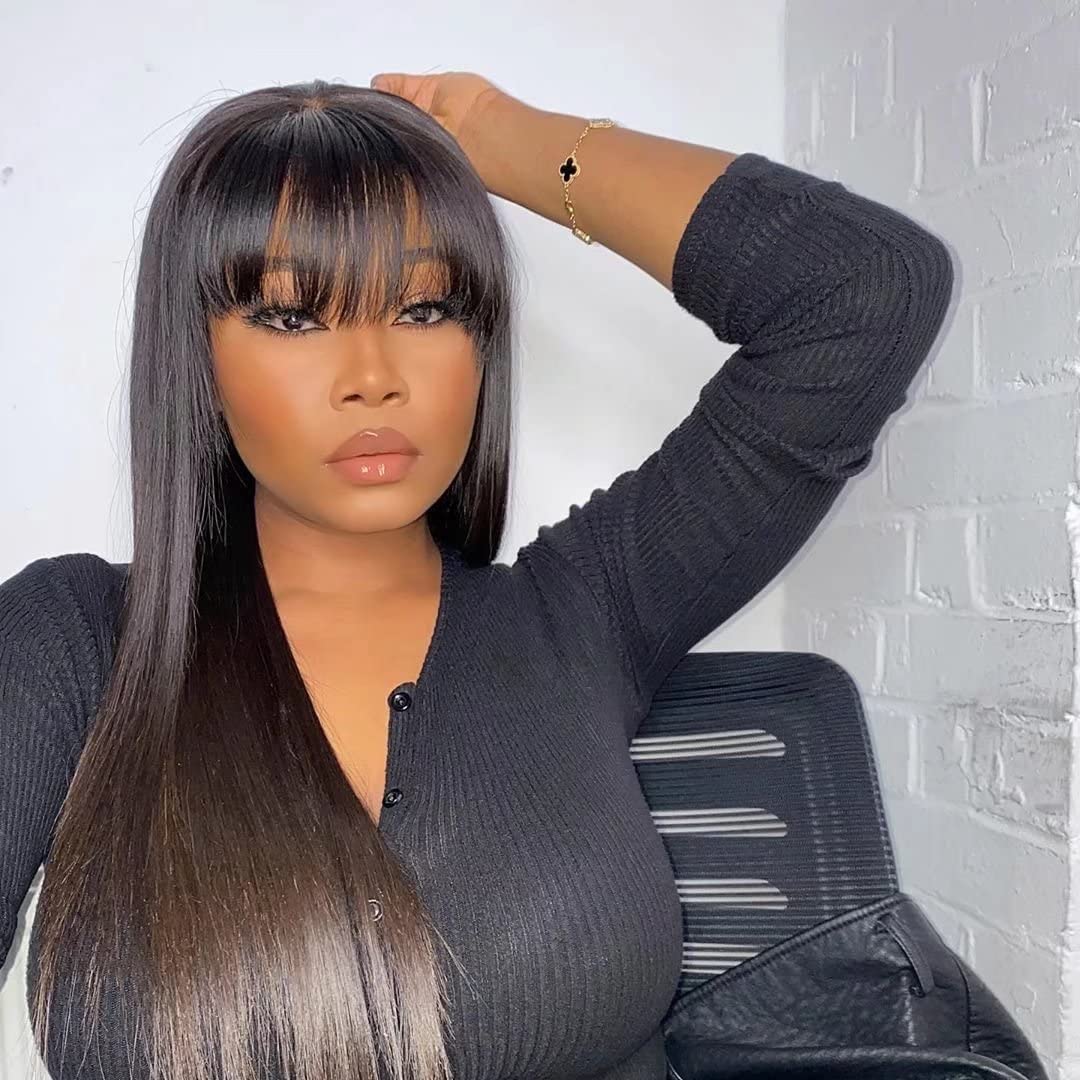 Long Straight Human Hair Lace Front Wigs With Bangs - 20Inch HD Transparent Brazilian Remy Hair Wigs 150% Density, Glueless & Silky Smooth for Women (Natural Black) - Perfect for Daily Wear, Cosplay, Parties & Special Occasions