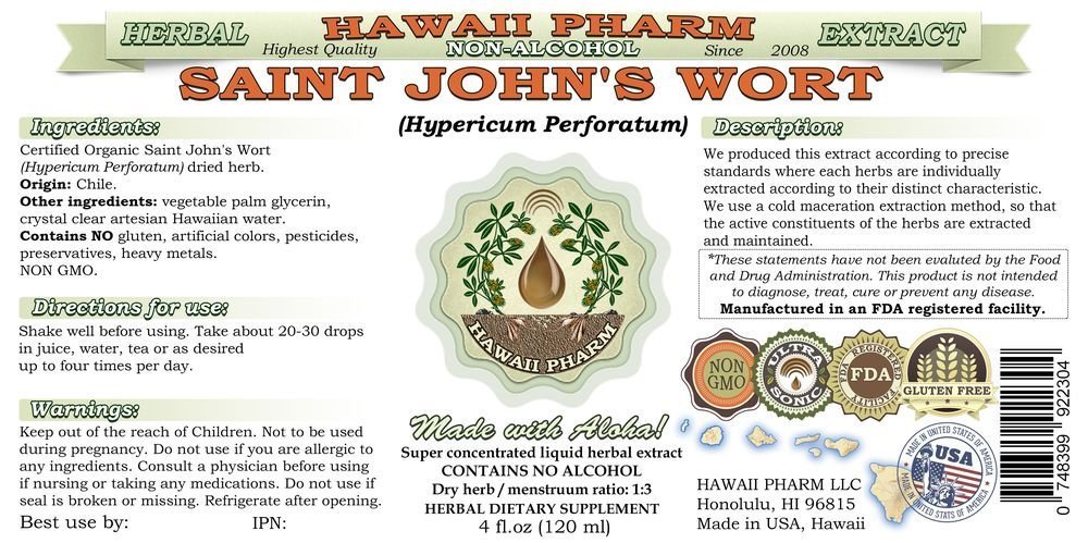 Organic Saint John's Wort Alcohol-Free Liquid Extract (Hypericum Perforatum) | Natural Herbal Supplement Glycerite | 4 fl.oz Bottle | Hawaii Pharm USA | Supports Mood & Relaxation | Perfect for Stress Relief & Emotional Balance