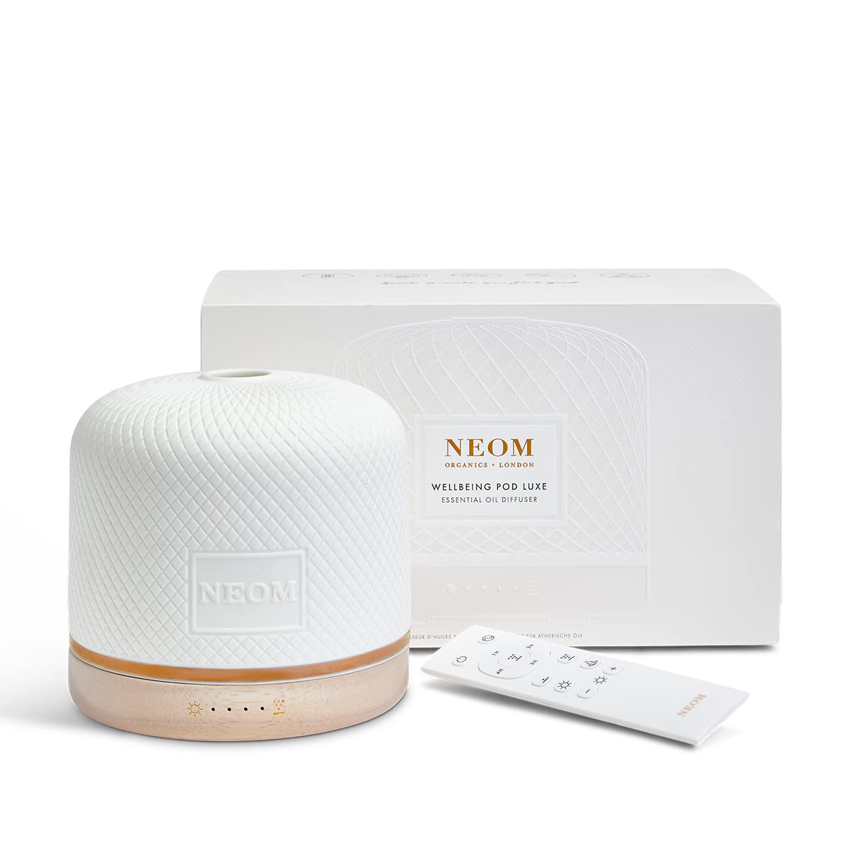 NEOM Wellbeing Pod Luxe - Premium Ultrasonic Essential Oil Diffuser with Ceramic Cover, Remote Control, LED Light & Timer | Aromatherapy Device for Home, Office, Yoga & Spa | Relaxing Home Fragrance Diffuser for Stress Relief & Better Sleep