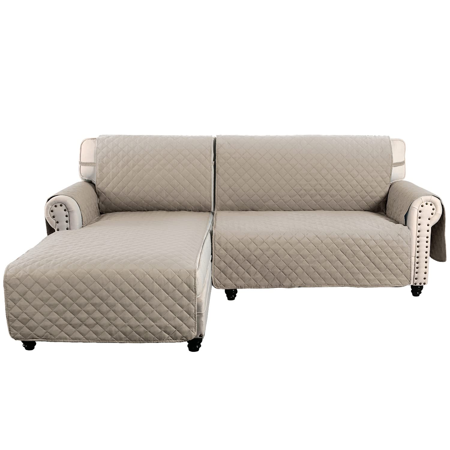 MEILLE MAISON L-Shaped Dog Sofa Cover - 2-Piece Reversible Waterproof Sectional Couch Protector with Chaise Lounge Cover & Straps - XL Khaki Pet Furniture Protector for Living Room, Bedroom, Family Room (LKL2PDLC9)