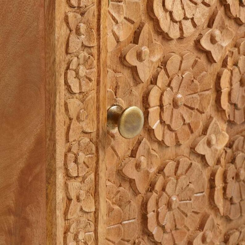 Hand Carved Nightstand - Solid Wood Bedside Table with Natural Finish | Handmade for Bedroom, Living Room, or Guest Room Decor