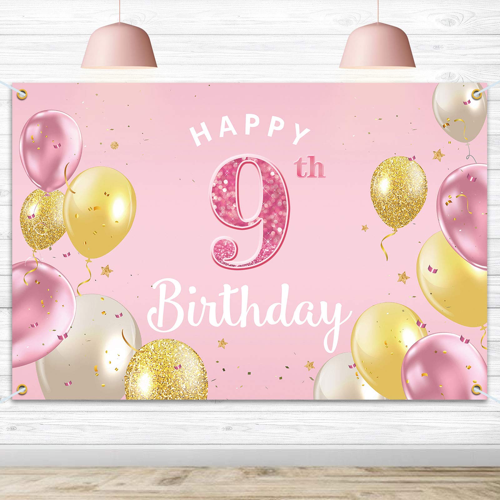 Happy 9th Birthday Backdrop Banner - Pink 3.9x5.9ft Party Decorations for Girls - Perfect for Birthday Celebrations, Photo Booths & Indoor Events