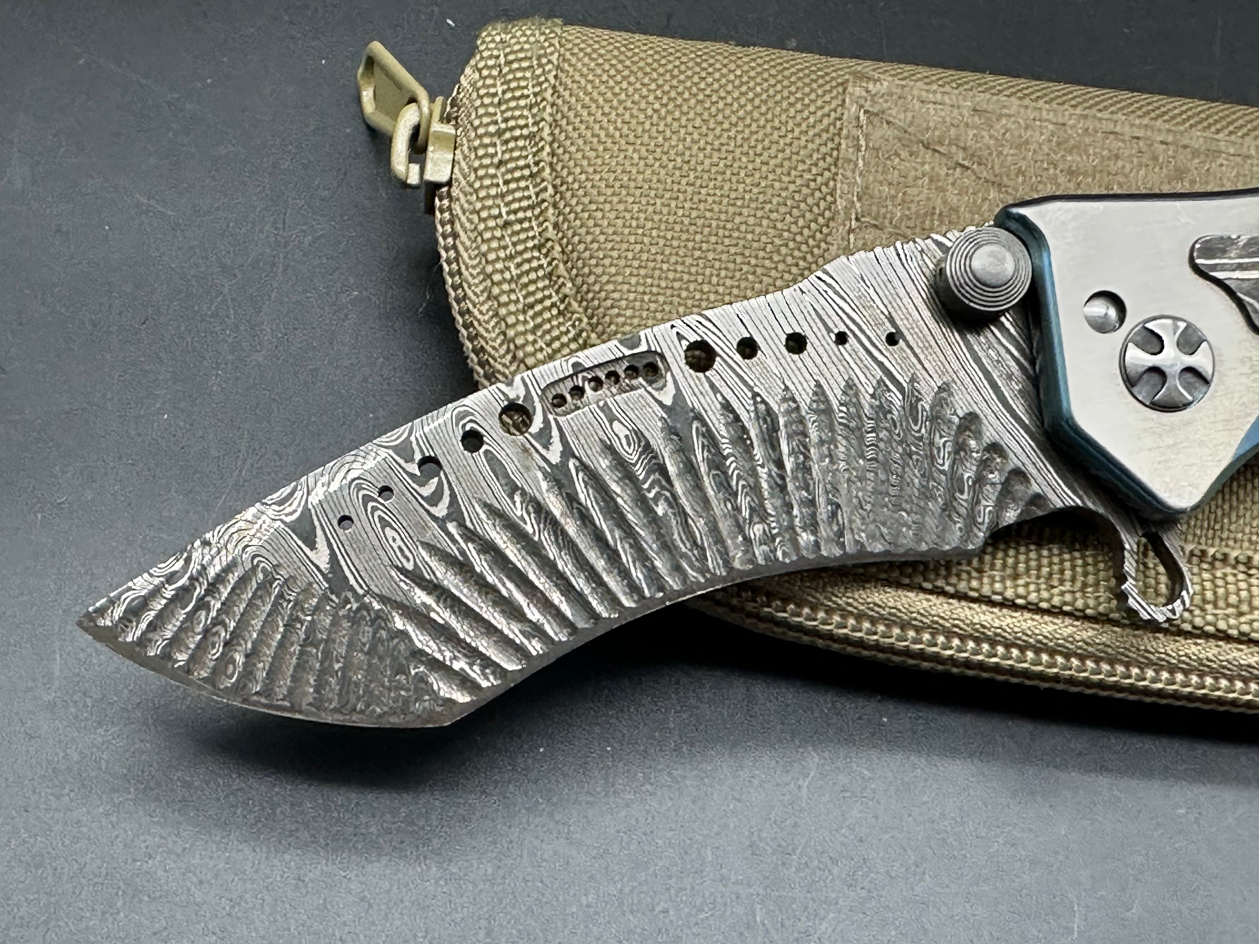 Darrel Ralph Custom Gunhammer Knife - Handcrafted Milled Damascus Steel Blade with Anodized Titanium Handle & Damascus Inlay | Tactical EDC, Outdoor Survival, Hunting, and Collector's Knife