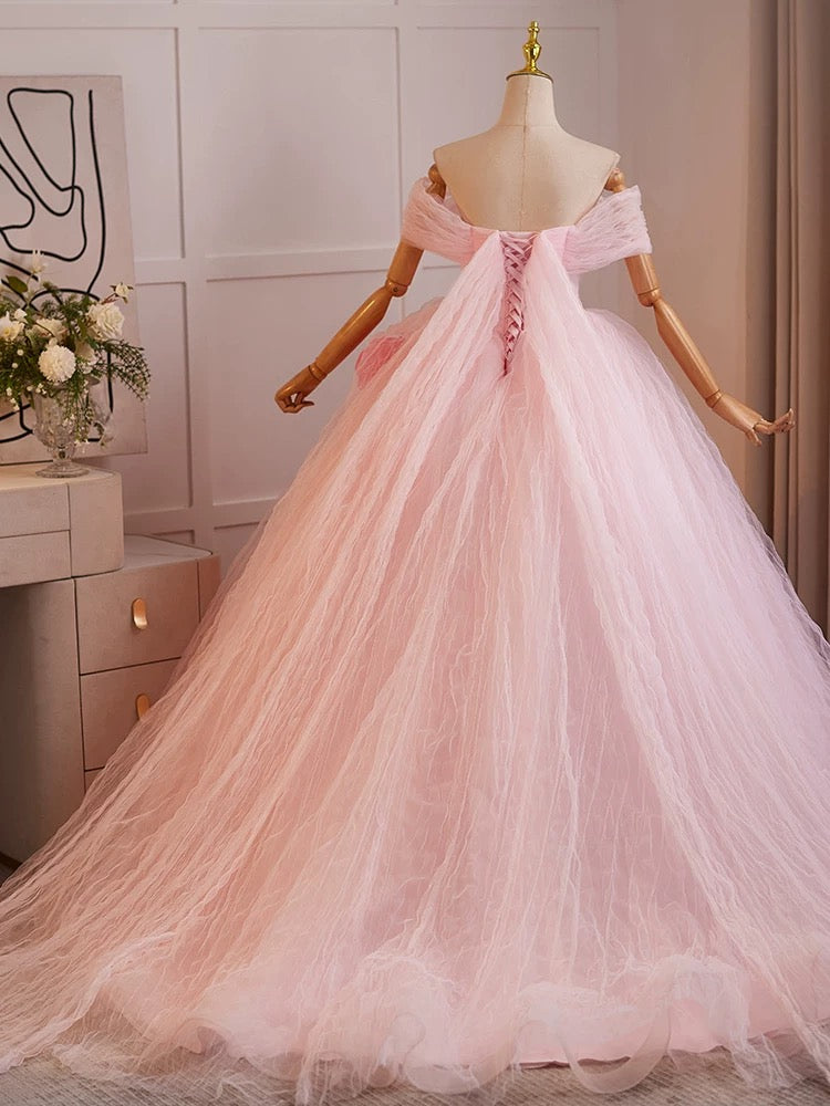 Elegant A-Line Off Shoulder Pink Tulle Long Prom Dress for Sweet 16, Quinceañera & Formal Events - Perfect for Homecoming, Ball Gowns & Special Occasions