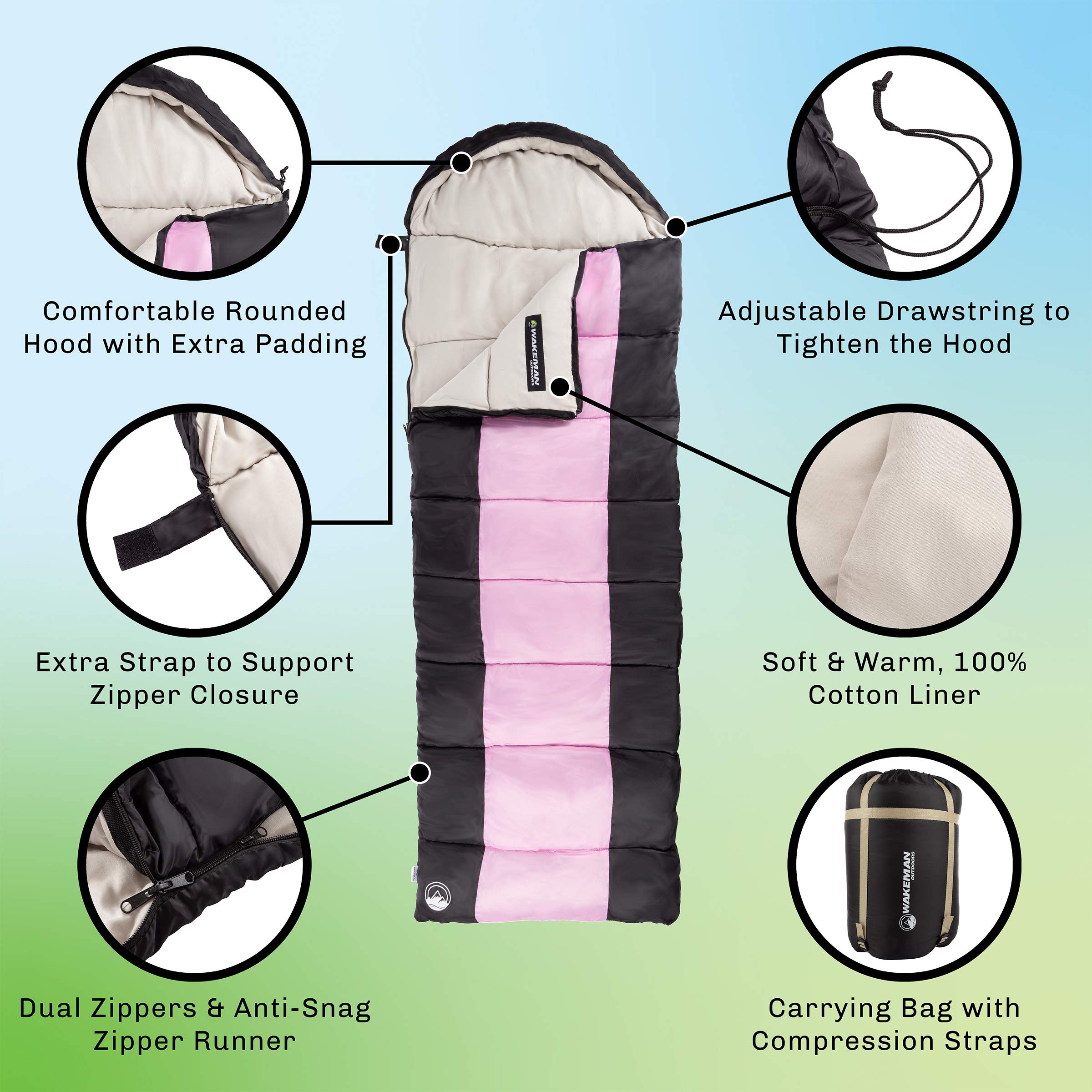 35F Rated 3 Season Sleeping Bag with Hood - Lightweight Envelope Style for Camping, Backpacking & Hiking - Includes Carry Bag by Wakeman Outdoors (Pink/Black) - Perfect for Outdoor Adventures, Travel & Emergency Preparedness
