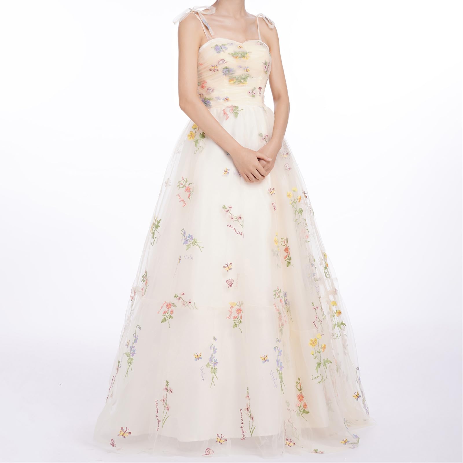 Floral Embroidered Maxi Dress for Women - Elegant Long Tulle Dress with Spaghetti Straps for Wedding, Formal Party, Prom & Special Occasions