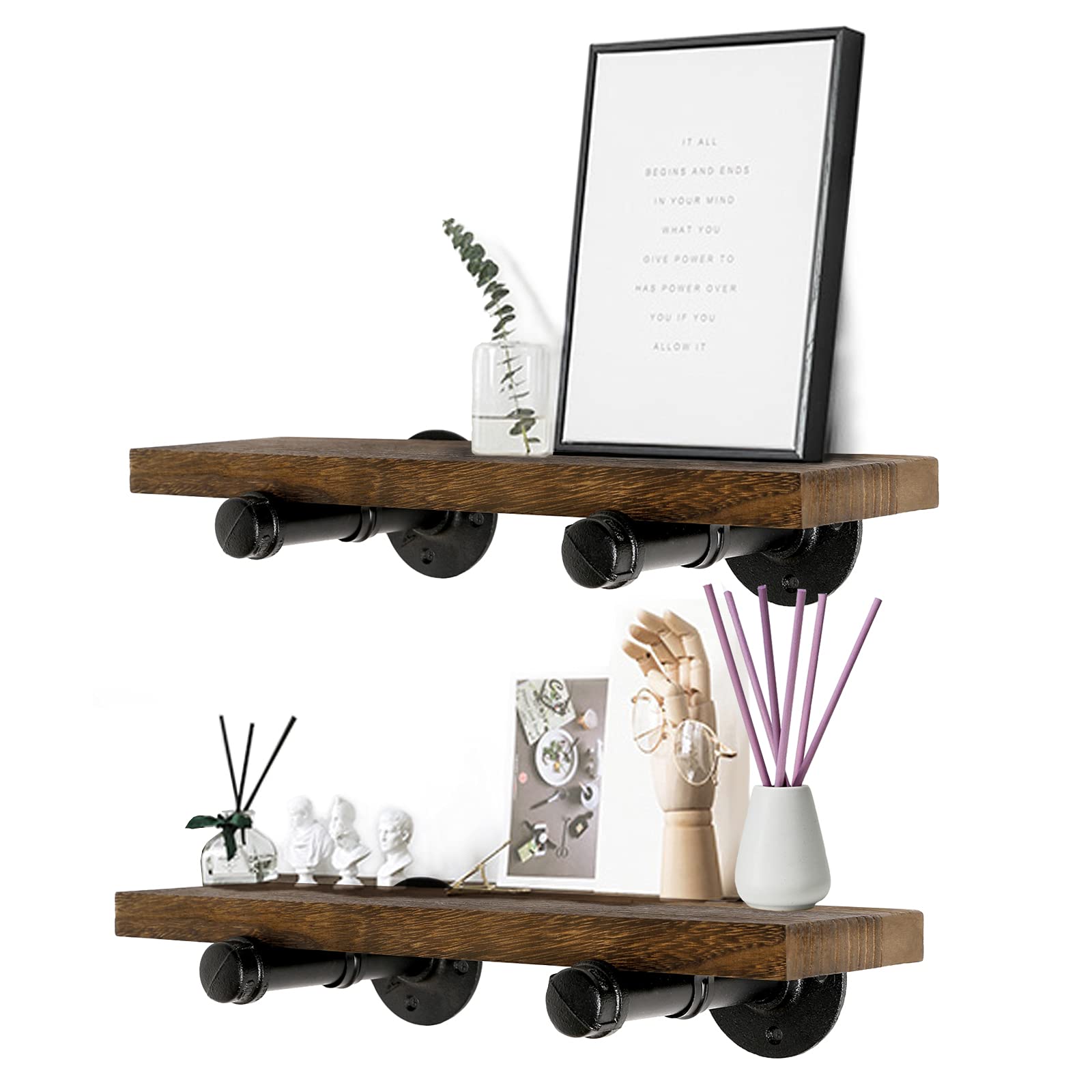 Industrial Pipe Floating Shelves Set of 4 - Rustic Brown Wall Mounted Wood Storage Shelves for Bedroom, Living Room, Bathroom, Kitchen & Office - Perfect for Displaying Books, Decor & Organizing Small Items