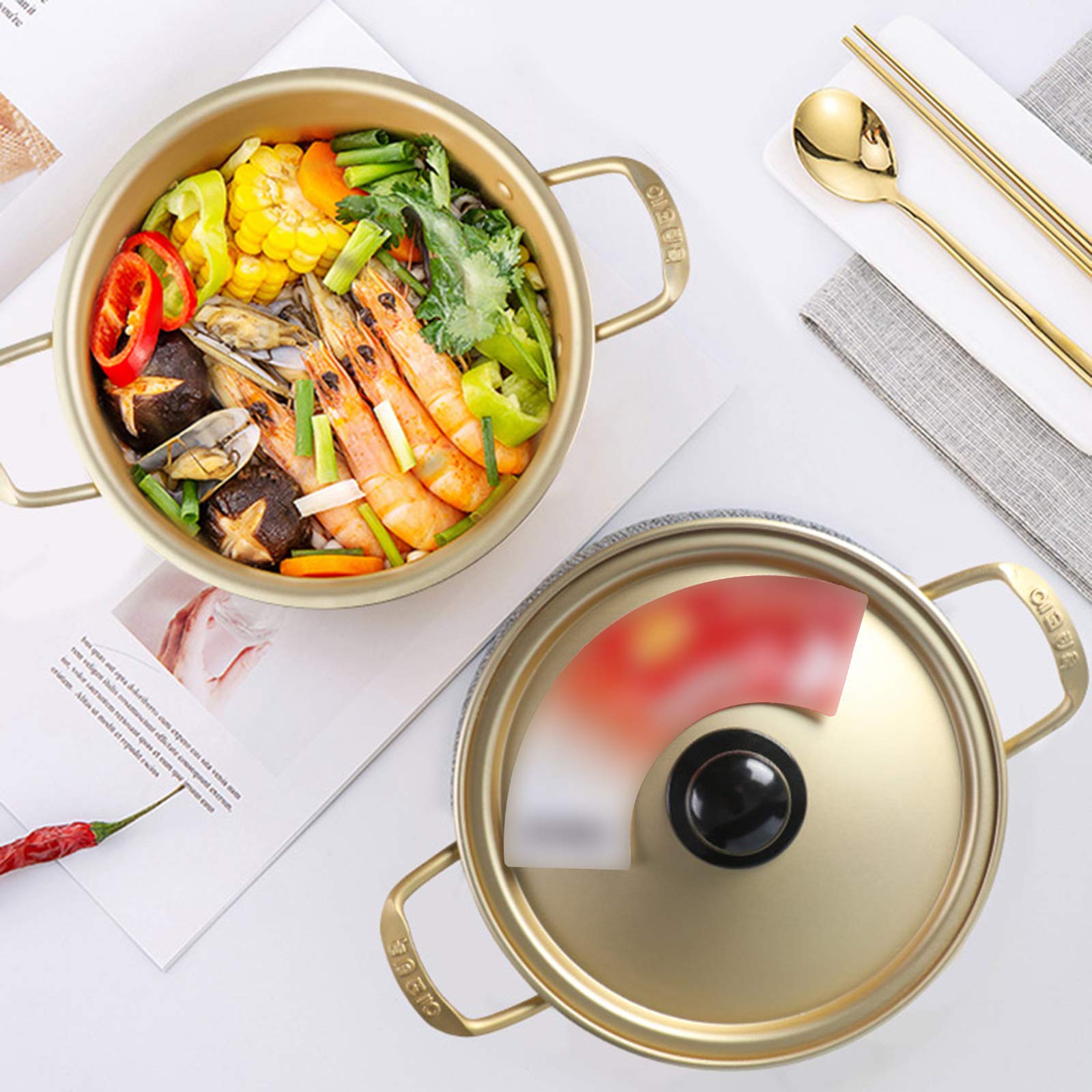 AIZYR 16cm Aluminum Ramen Noodle Cooker Pot with Lid - Korean Hot Pot, Small Soup Saucepan for Home & Outdoor Camping | Perfect for Instant Noodles, Shabu Shabu & One-Pot Meals