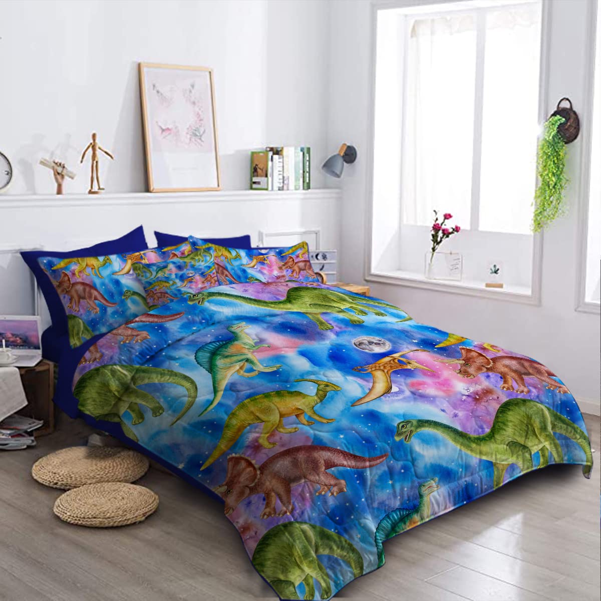 **BlessLiving Dinosaur Queen Bedding Set for Boys - Blue Space Themed 8-Piece Bed in a Bag with Comforter & Sheets (Queen Size) | Perfect for Kids' Bedrooms, Sleepovers & Themed Decor**