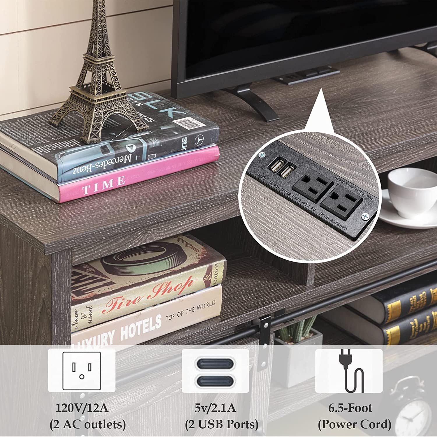 Vinctik 57-Inch Farmhouse TV Stand with Sliding Barn Doors - Wooden Entertainment Center for 60-65 Inch TVs, Double Layer Storage Cabinet with Built-in Power Outlets (Grey Wash) - Perfect for Living Room, Bedroom & Home Theater Setup
