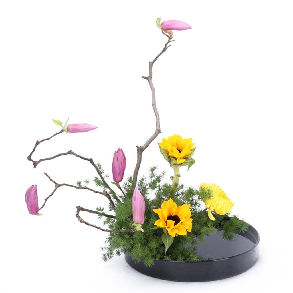 Black Plastic Round Ikebana Suiban Vase - 23cm Bonsai Flower Pot Container for Japanese Floral Arrangement, Zen Decor & Table Centerpiece