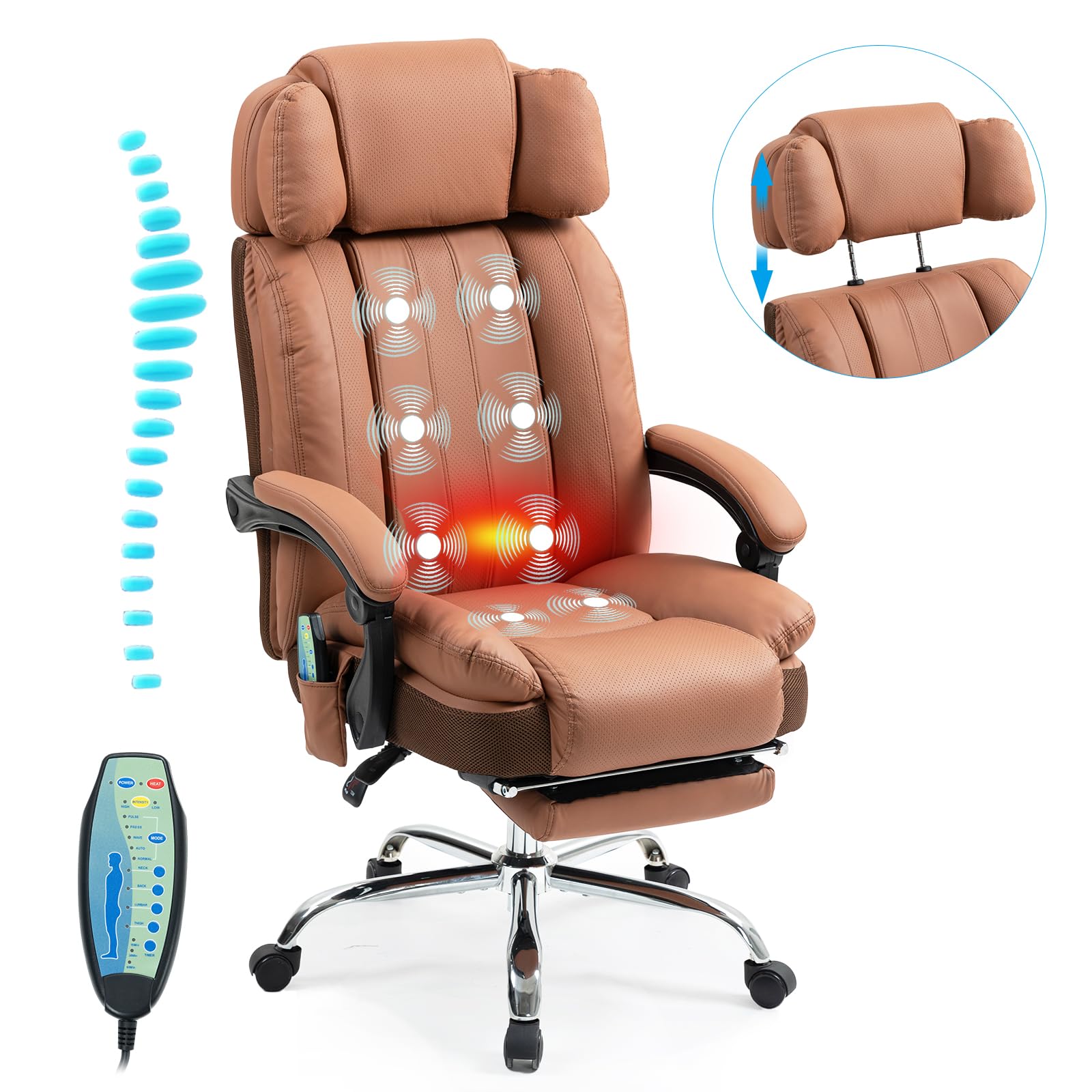 Big and Tall Massage Office Chair with Heat & 8 Vibration Points - Adjustable Headrest, Extra Wide Seat, Footrest & Padded Armrests - Reclining High Back Executive Chair for Home Office, Gaming & Workspace Comfort