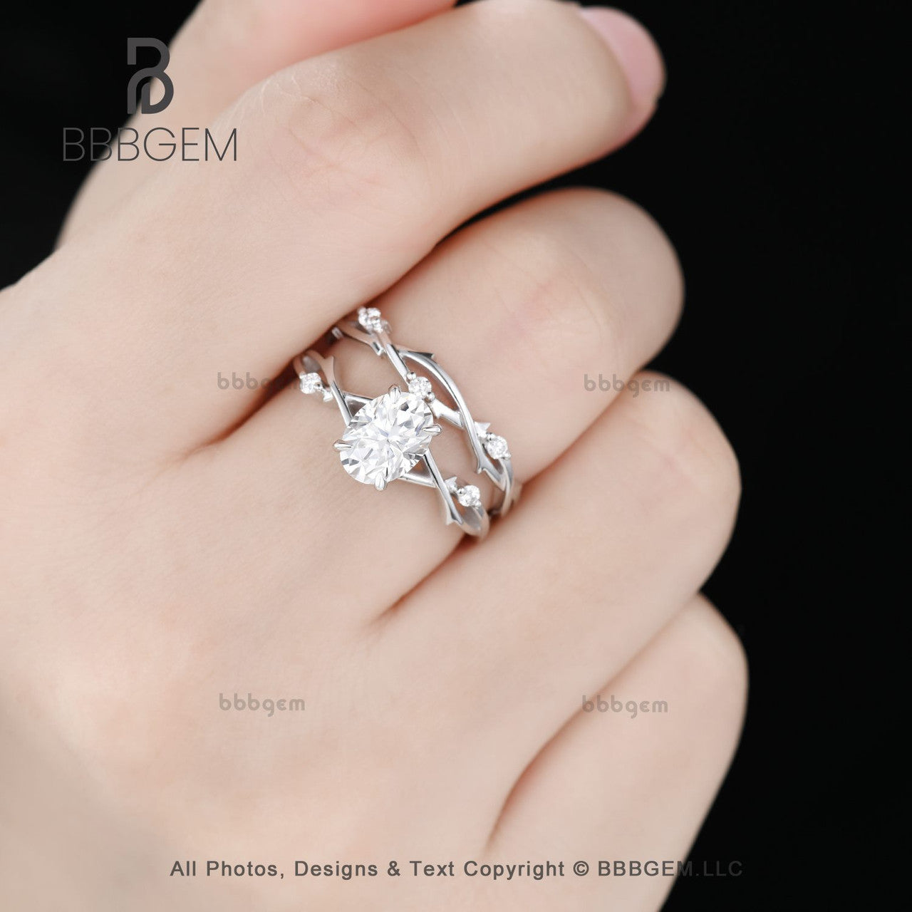 2PCS Twig Vine Oval Moissanite Solitaire Engagement Ring Set for Women - 1.5CT Oval Cut Rose Gold Wedding Band - Perfect for Proposals, Anniversaries & Bridal Jewelry