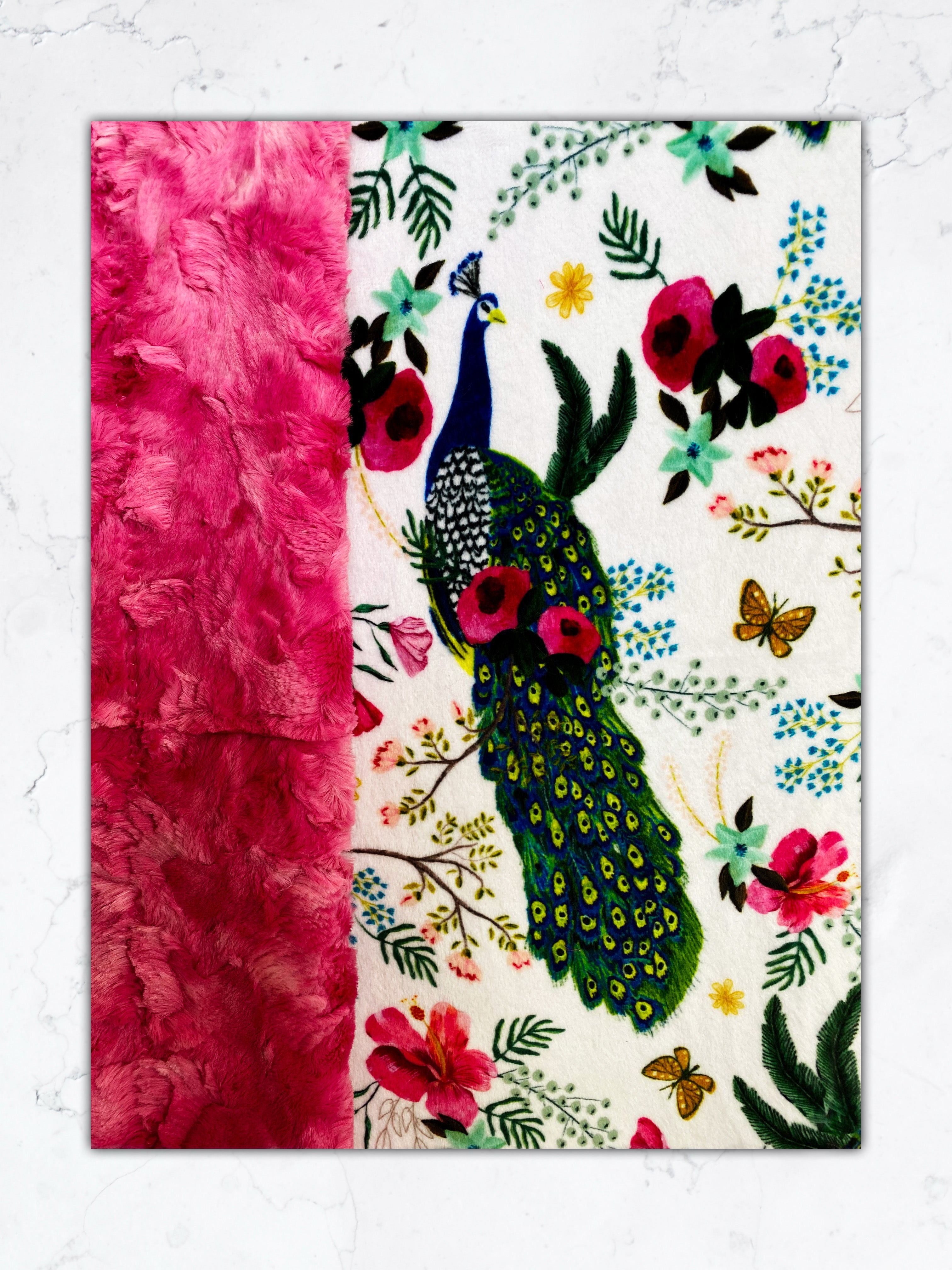 Plush Peacock Floral Fuchsia Marble Print Minky Blanket for Adults - 55x79 Inches - Soft Cozy Throw for Bed, Sofa & Home Decor