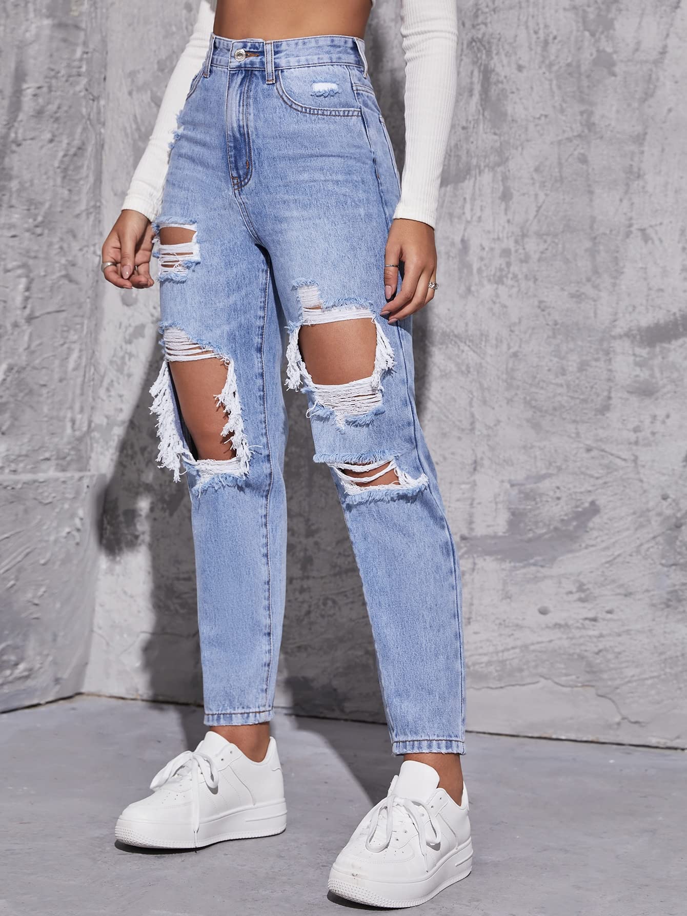 MakeMeChic Women's High Waist Straight Leg Ripped Jeans - Distressed Denim Pants for Casual Wear, Street Style & Everyday Outfits | Trendy Vintage Look for Women