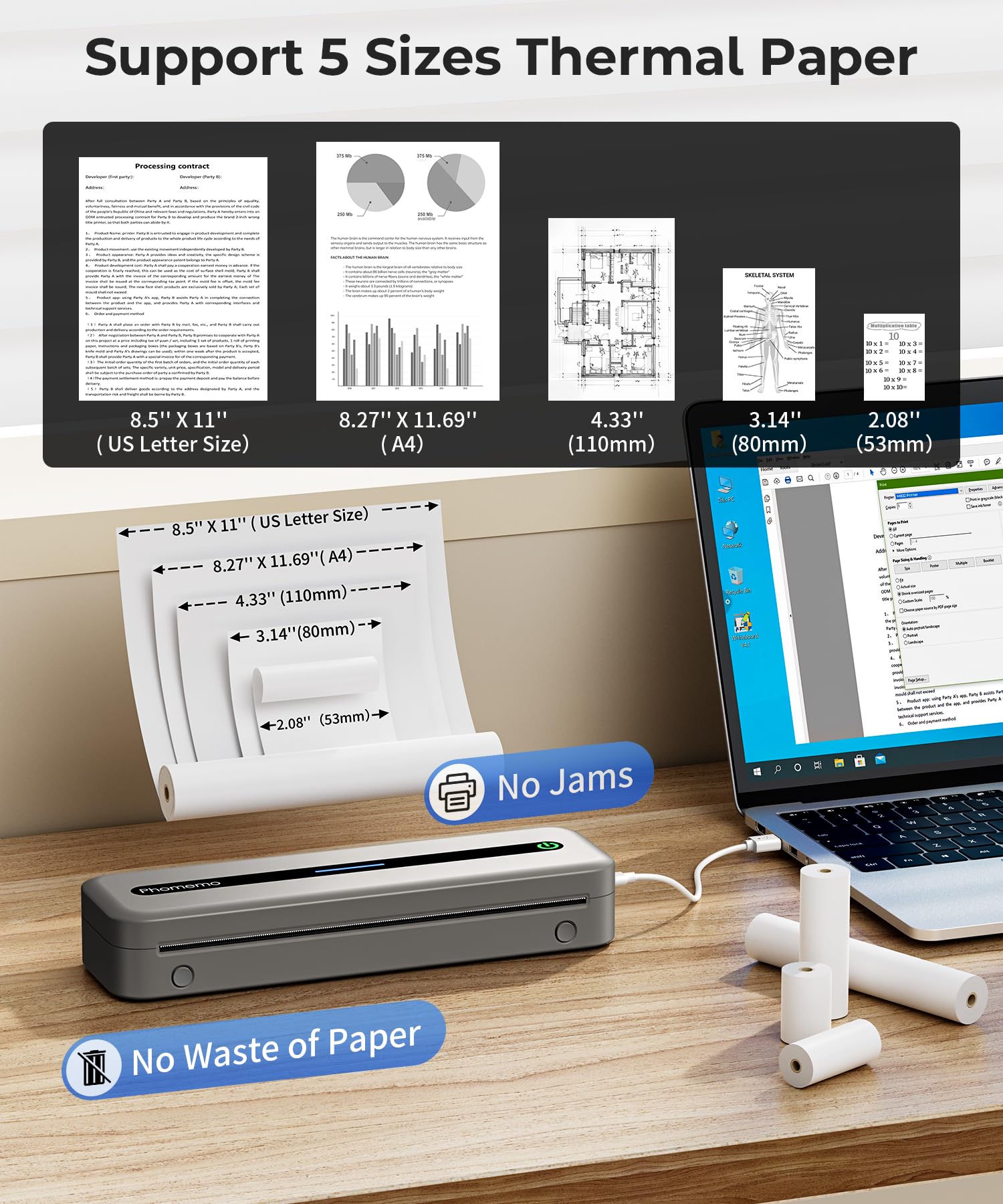 Phomemo M832 Portable Bluetooth Thermal Printer - Inkless Wireless Mini Printer with 4 Rolls Thermal Paper, Compatible with iPhone Android Smartphones & Laptop - Perfect for Travel, Home Office, Label Printing, Receipts & DIY Projects