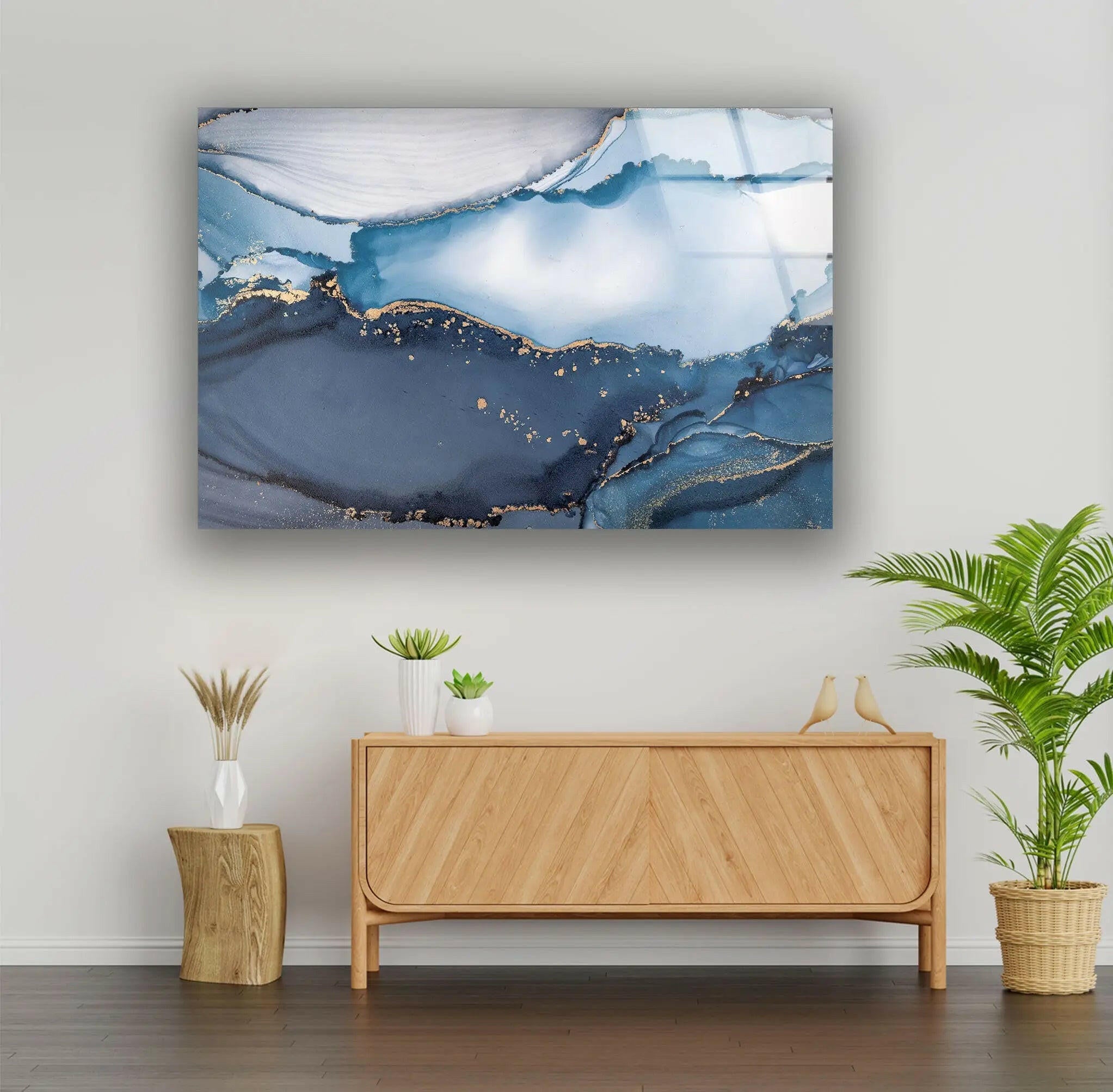Blue Marble Ink Abstract Glass Wall Art - Modern Home Decor for Living Room, Bedroom & Office - Unique Handmade Glass Painting for Interior Design