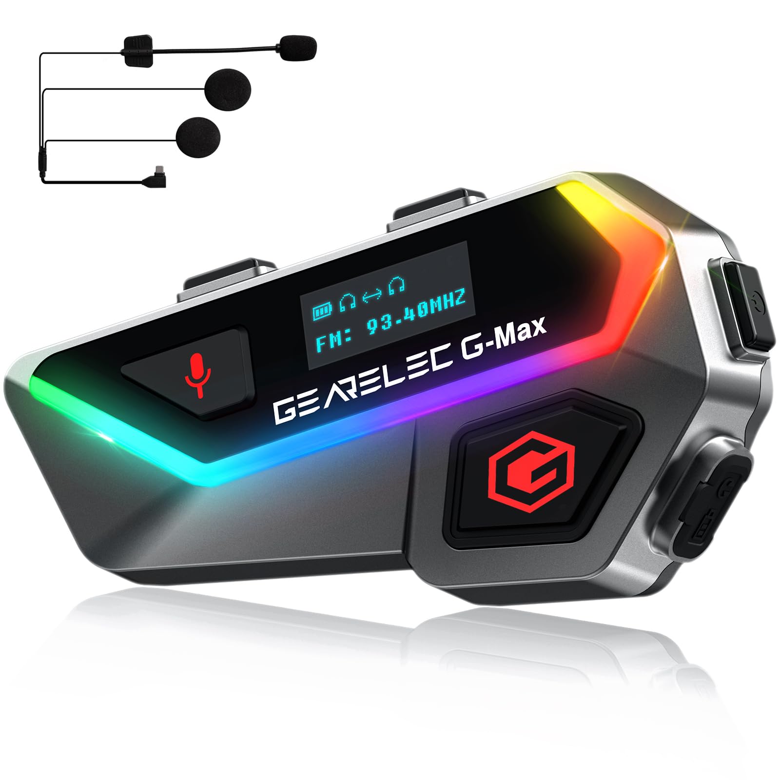 GEARELEC Motorcycle Bluetooth Headset 1500mAh - GMAX 2-6 Rider Intercom System with HiFi Stereo, V5.2BT, Guide Screen & LED Lights - Perfect for Group Rides, Touring & Adventure Motorcycling