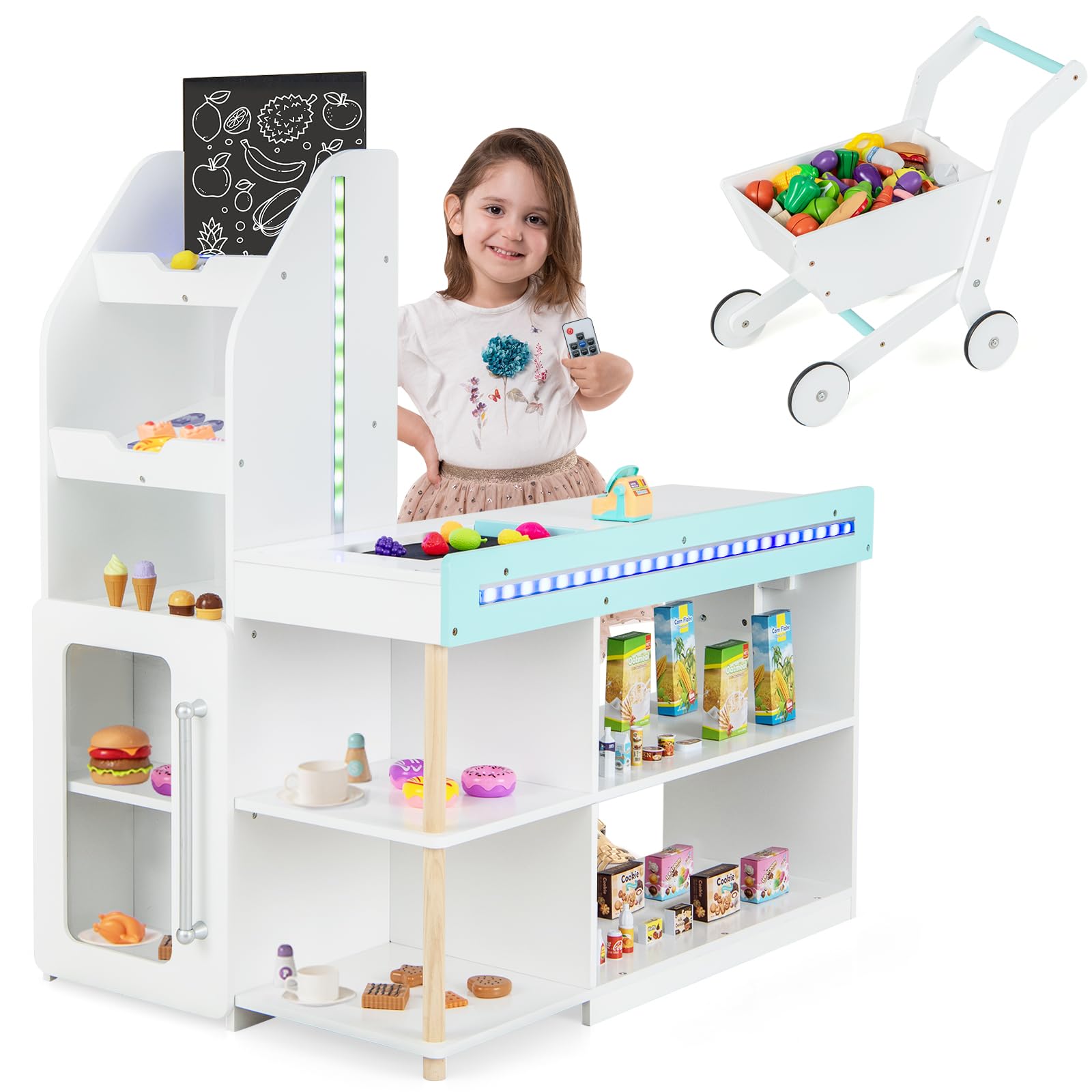 HONEY JOY Kids Wooden Grocery Store Playset with Cash Register & Working Conveyor Belt - Pretend Play Supermarket Toy with Checkout Counter, Lights & Food Accessories - Educational Role Play for Toddler Boys & Girls (White) - Perfect for Home, Classroom & Daycare Pretend Play Activities