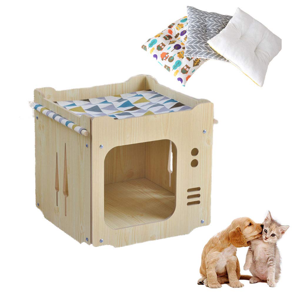 Premium Wooden Puppy & Cat House with Cushion - Weatherproof Indoor/Outdoor Pet Shelter, Eco-Friendly Scratcher Cube for Kittens & Small Dogs - Perfect for Living Rooms, Patios & Backyards
