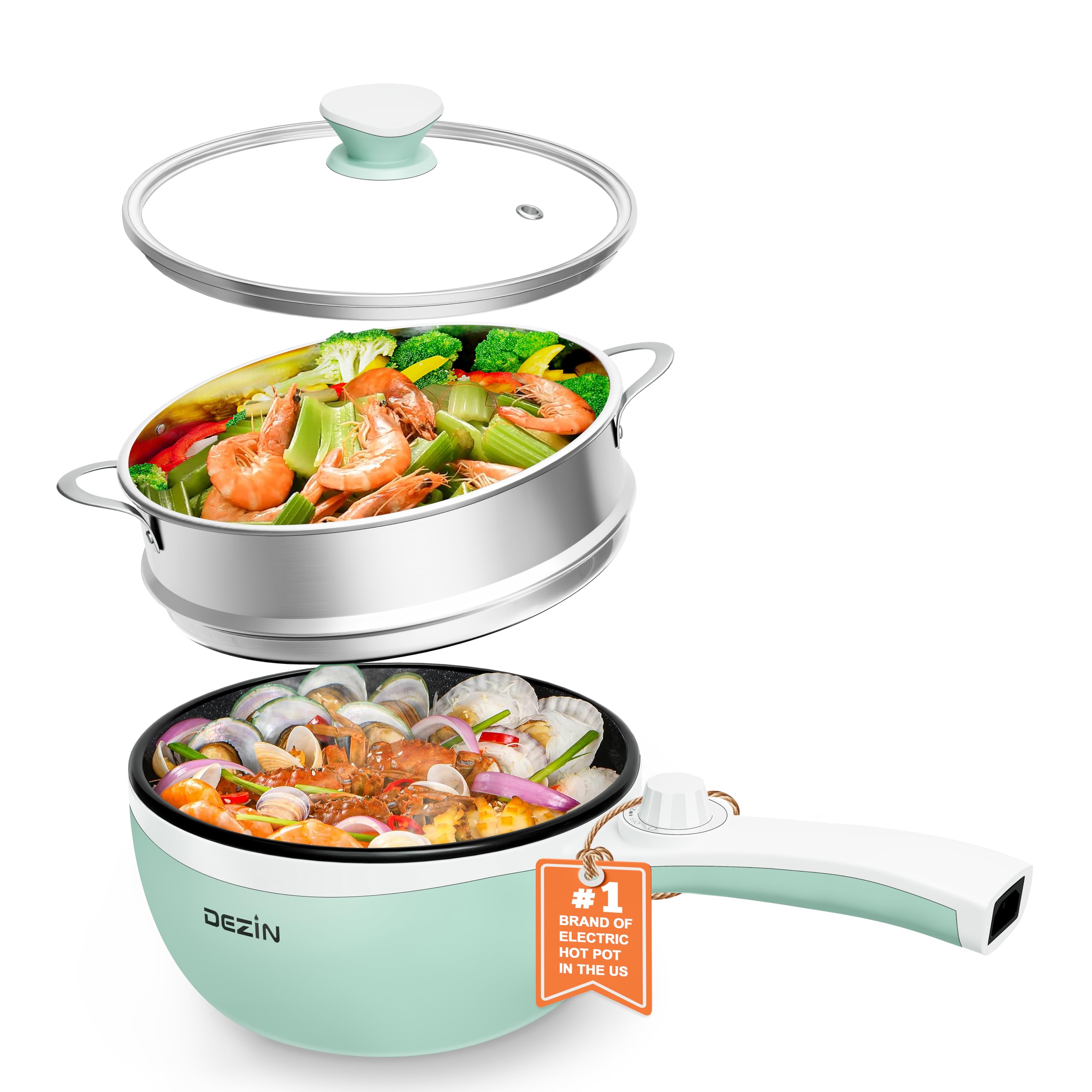 **Upgraded Dezin Electric Hot Pot with Steamer - 1.5L Non-Stick Sauté Pan, Rapid Noodles Cooker for Steak, Eggs, Fried Rice, Ramen, Oatmeal & Soup - Adjustable Temperature - Perfect for Dorm, Office, Camping & Small Kitchens**
