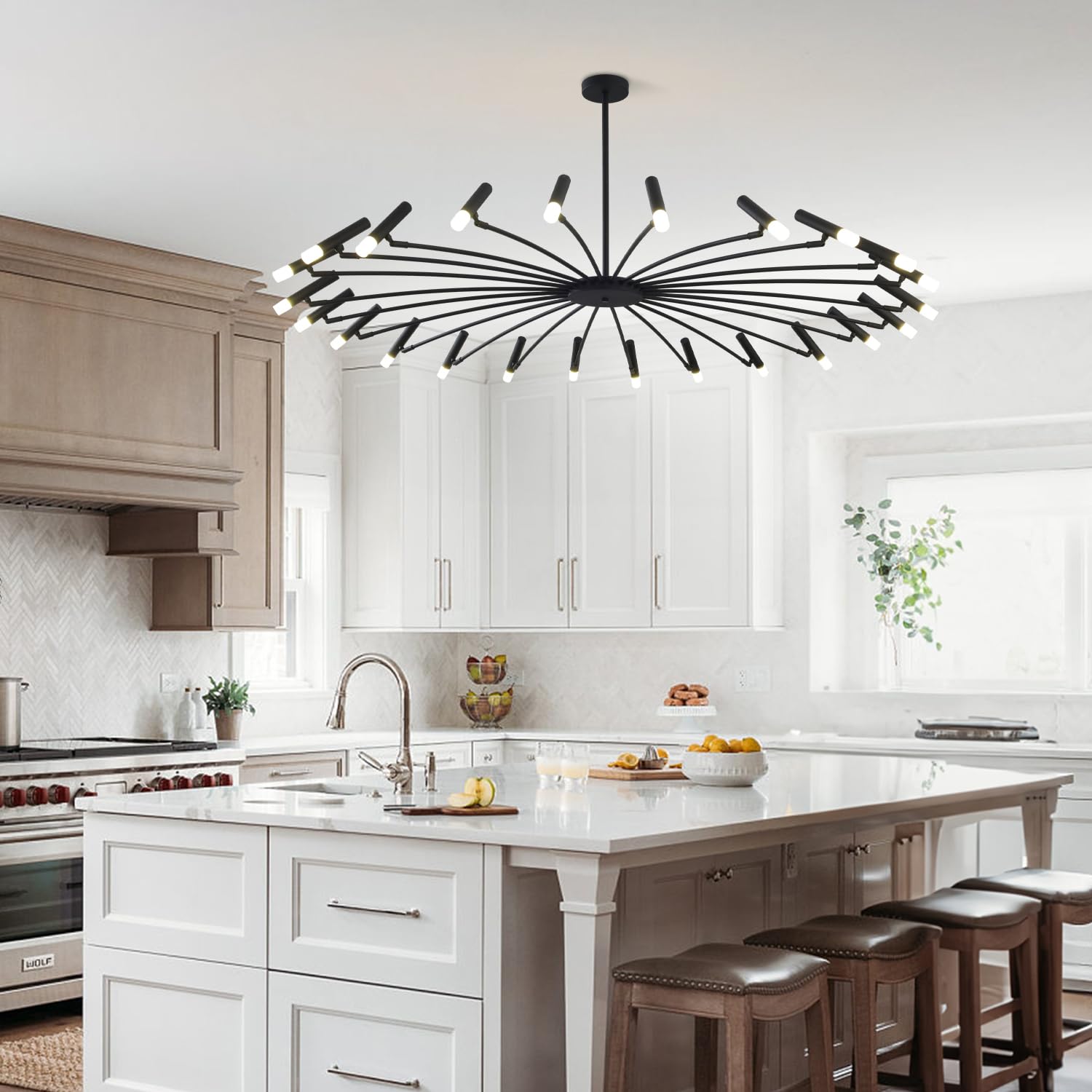Extra Large Modern Chandelier for High Ceiling - Mid Century Sputnik Style Black Flush Mount Ceiling Light - Contemporary Lighting for Living Room, Dining Room, Foyer & Bedroom - Perfect for Modern Home Decor & Luxury Interior Design