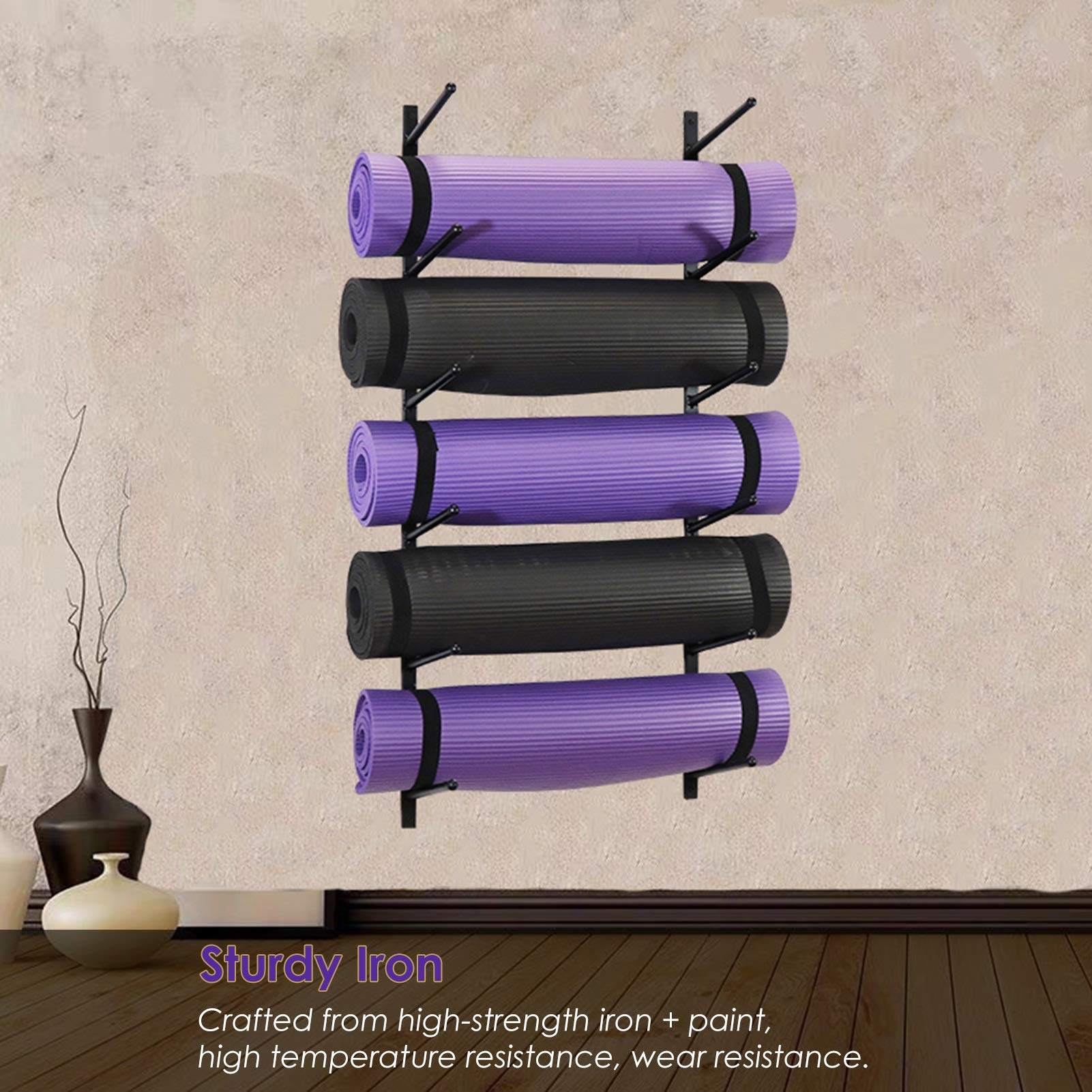 Premium Yoga Mat & Foam Roller Wall Mount Storage Rack - Heavy Duty Iron Hanger for Exercise Mats, Resistance Bands & Fitness Equipment (Holds Up to 8