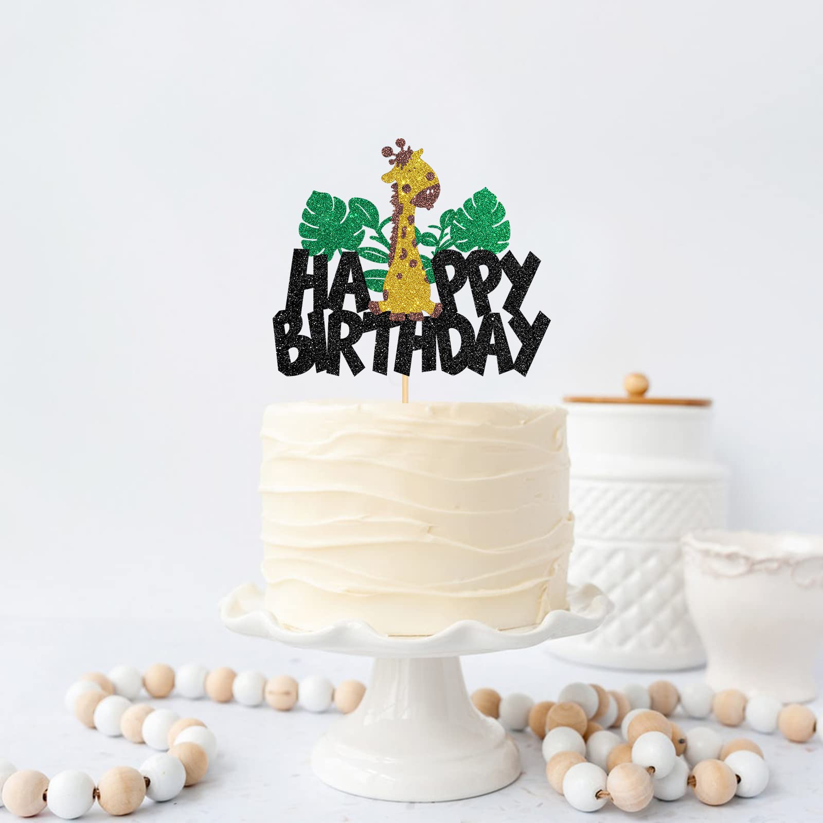 Giraffe Birthday Cake Topper - Zoo Themed Happy Birthday Decor for Kids, Boys & Girls 1st & 2nd Birthday Parties - Black Glitter Baby Shower Cake Decoration - Perfect for Jungle Theme, Safari Birthday Cakes & Wild Animal Party Supplies