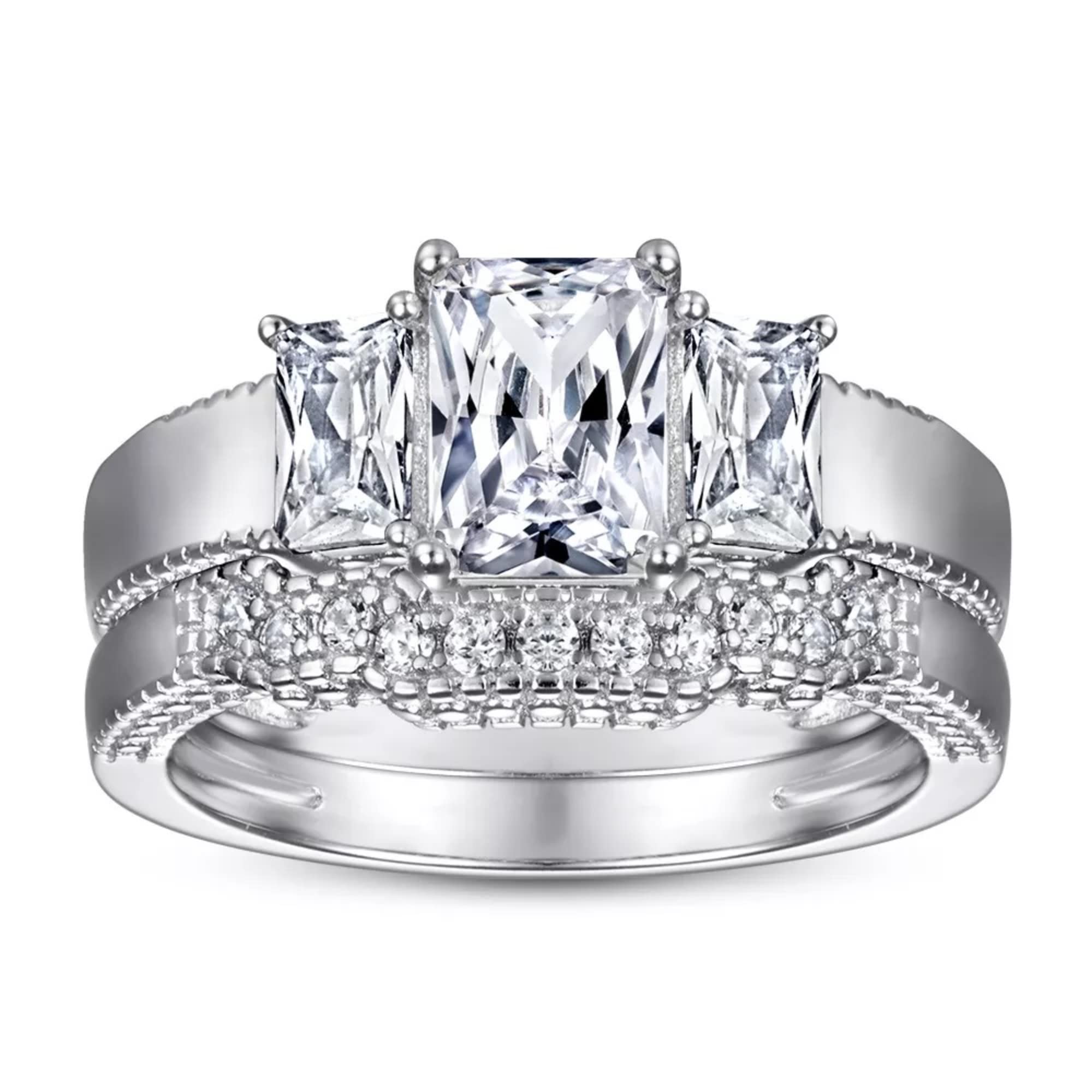 2.0CT Radiant Cut Moissanite Diamond Wedding Ring Set in 14K White Gold - Bridal Three Stone Engagement Ring & Matching Band Set - Perfect Gift for Wife, Anniversary & Proposal - Ideal for Weddings, Vows & Special Occasions