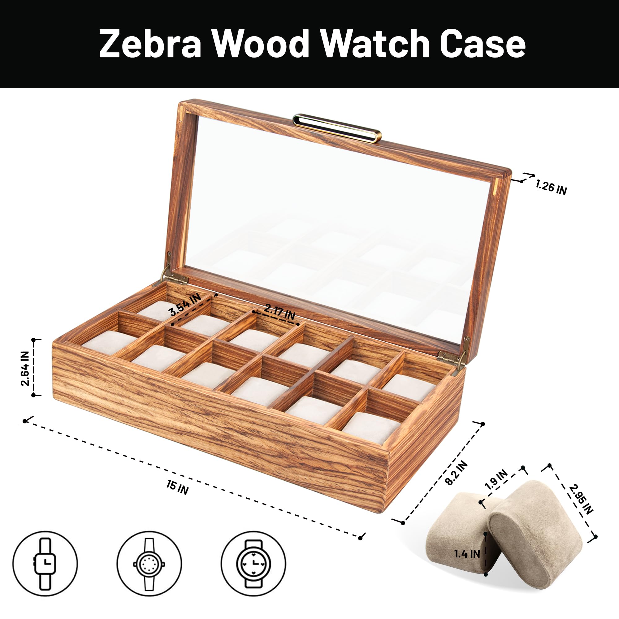 Premium Zebra Wood Watch Case for Men - 12-Slot Luxury Watch Box with Glass Lid & Soft Pillows | Watch Holder, Display Case & Organizer | Perfect Gift for Watch Collectors & Travel Storage Solution
