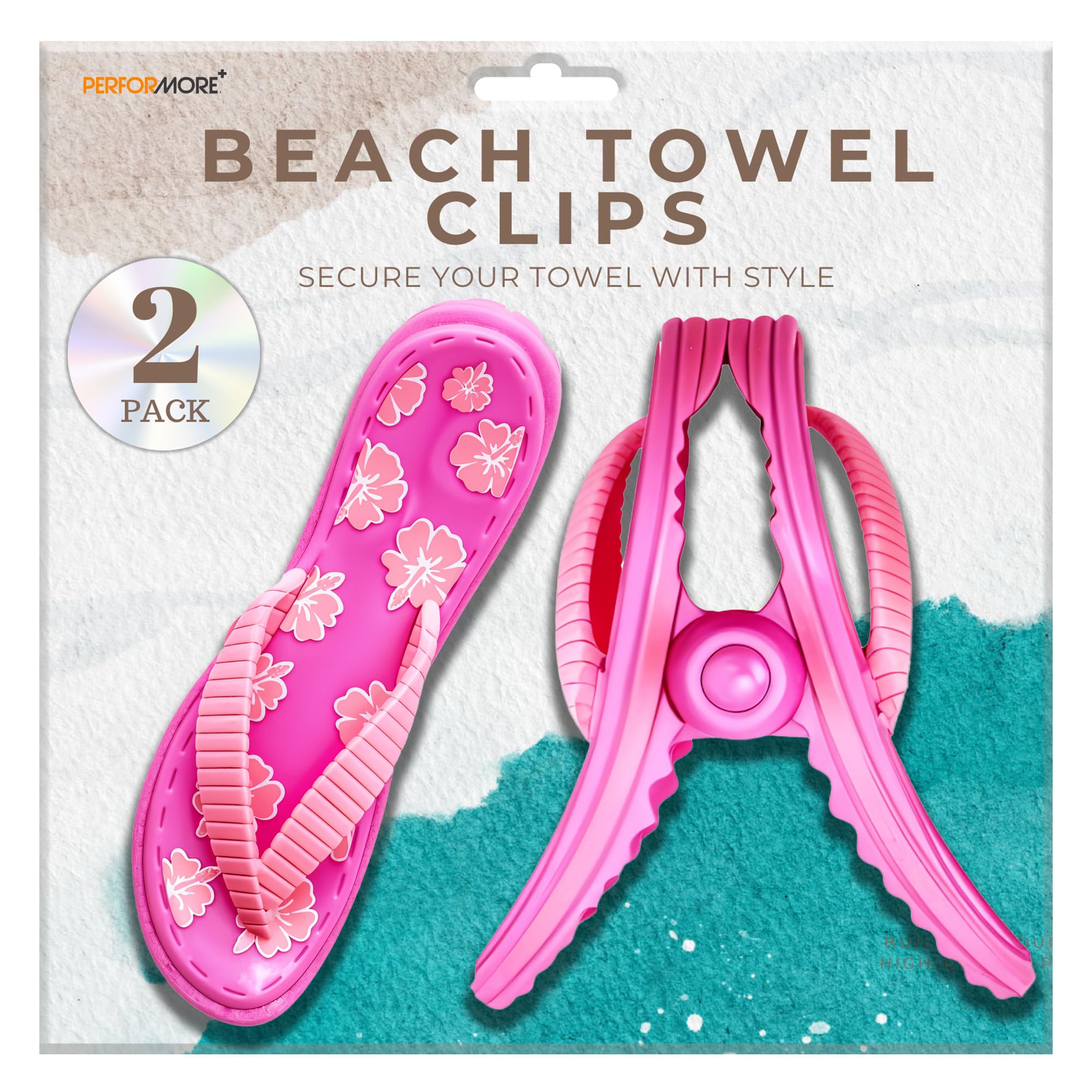 PERFORMORE 2-Pack Flip Flop Beach Towel Clips - Secure Portable Towel Holder for Beach, Pool, Boat & Lounge Chairs - Waterproof Patio Deck Accessories (Pink) | Perfect for Vacation, Cruise & Outdoor Relaxation