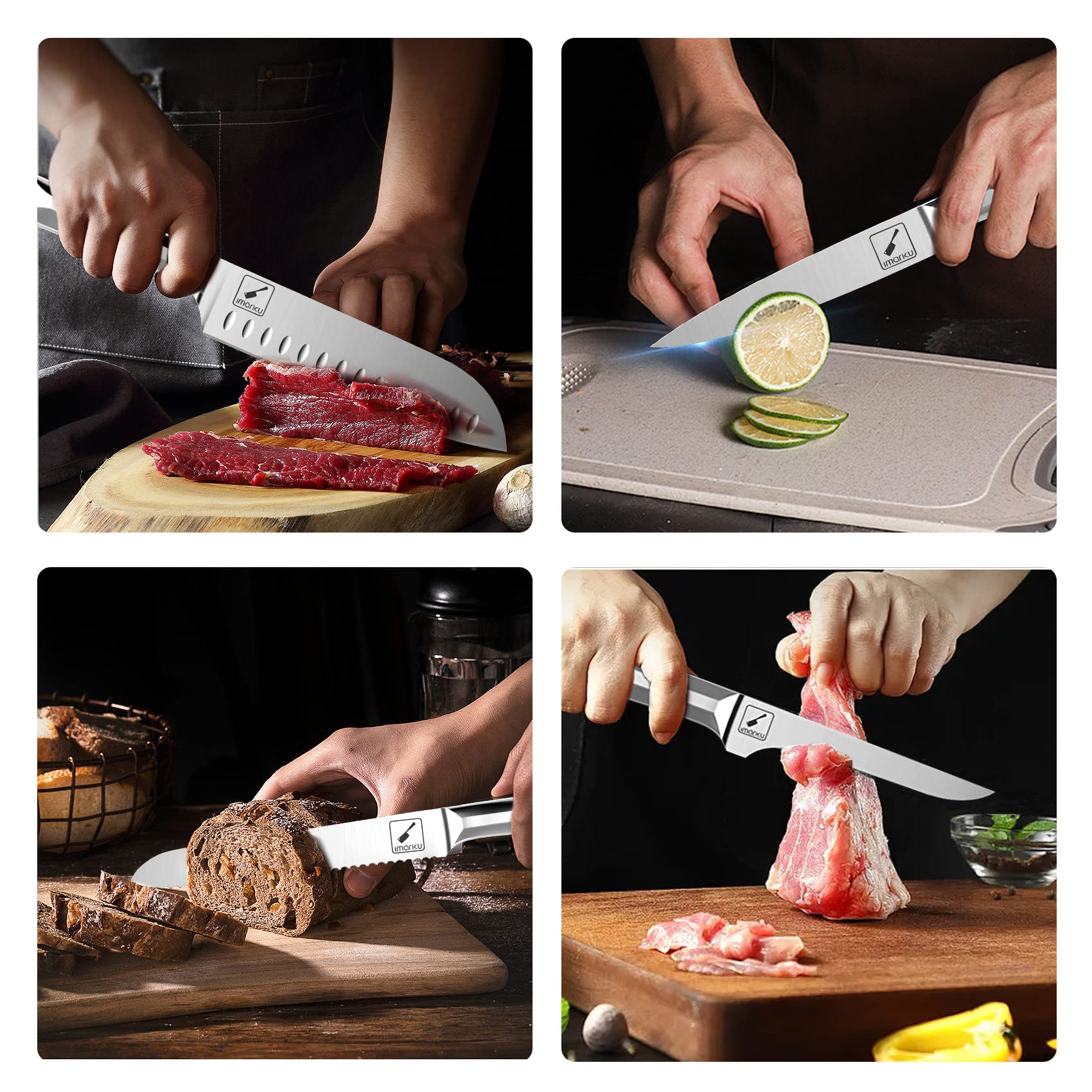 Imarku 16-Piece High Carbon Stainless Steel Kitchen Knife Set with Wooden Block - Ultra Sharp Japanese Knives with Non-Slip Dotted Ergonomic Handles - Perfect for Home Chefs, Cooking Enthusiasts & Gift Giving